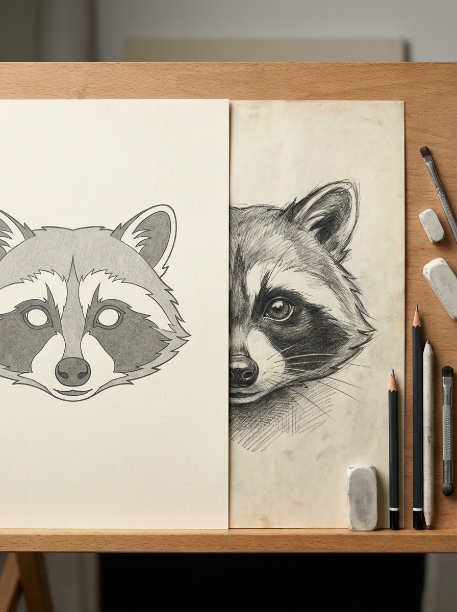 Side-by-side graphite raccoon masks comparing flat symmetry with natural variation