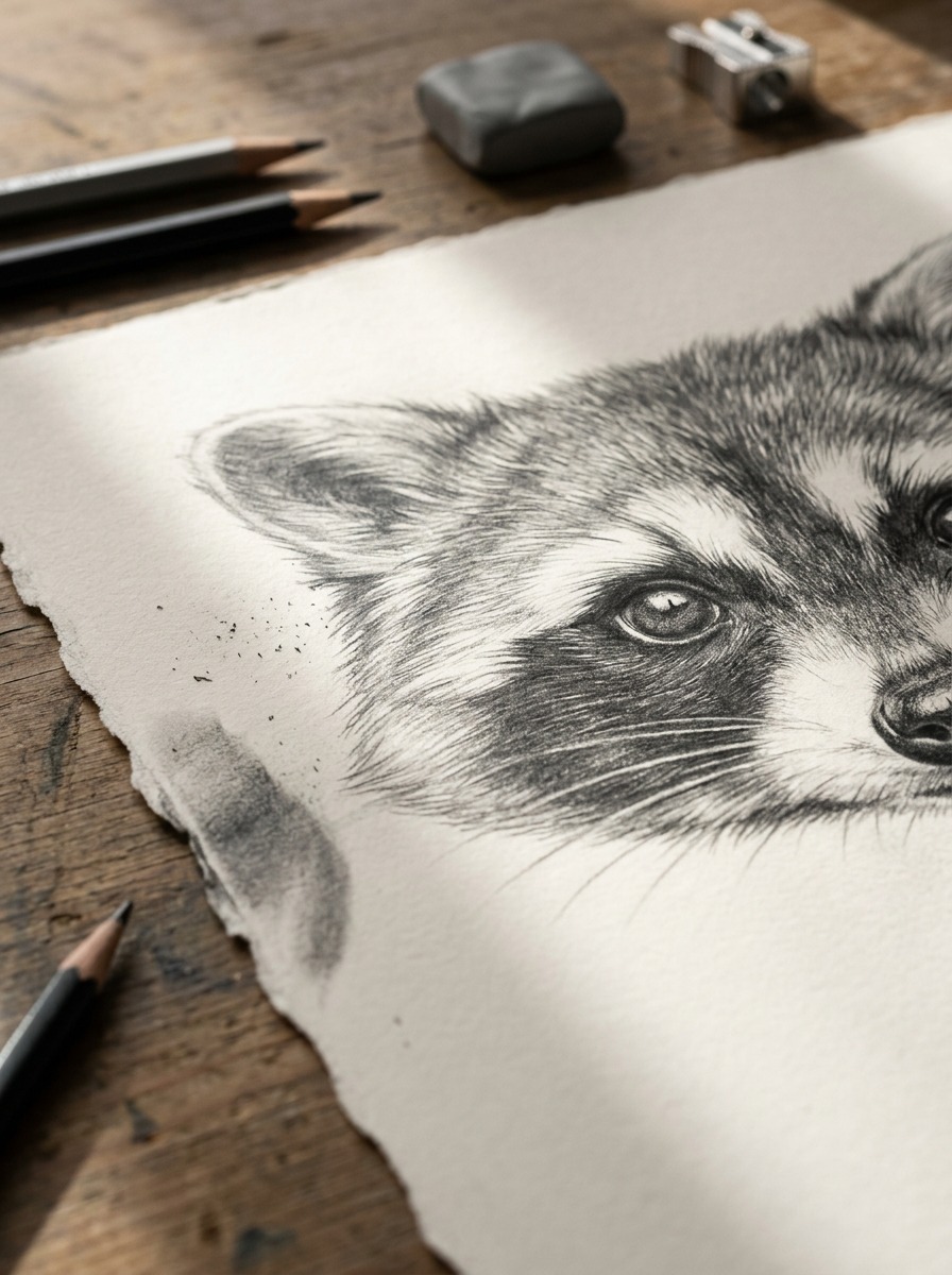 Graphite raccoon mask study with asymmetrical edges and varied values