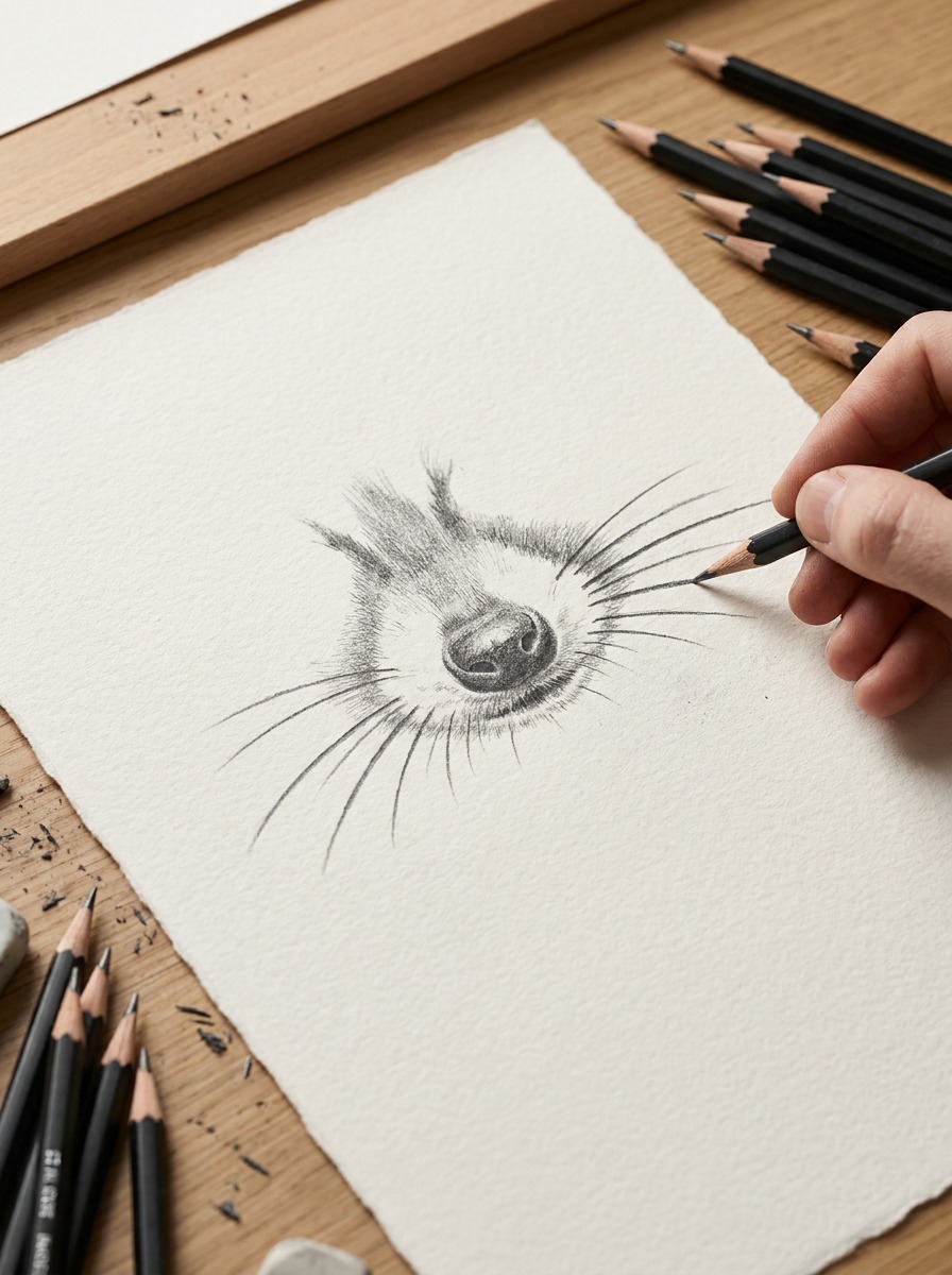 Graphite study of a raccoon's short muzzle and confident whisker strokes