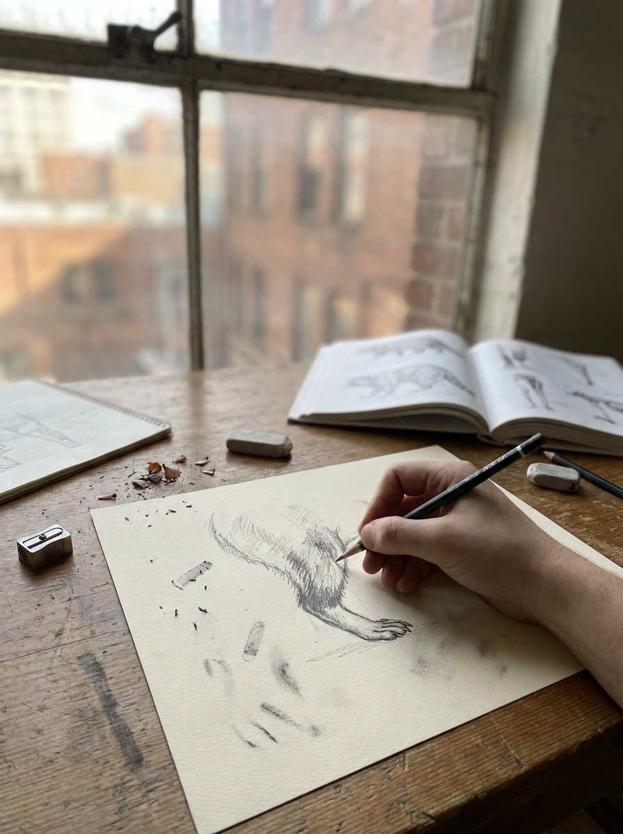 Artist sketching the rear leg proportions of a raccoon in graphite