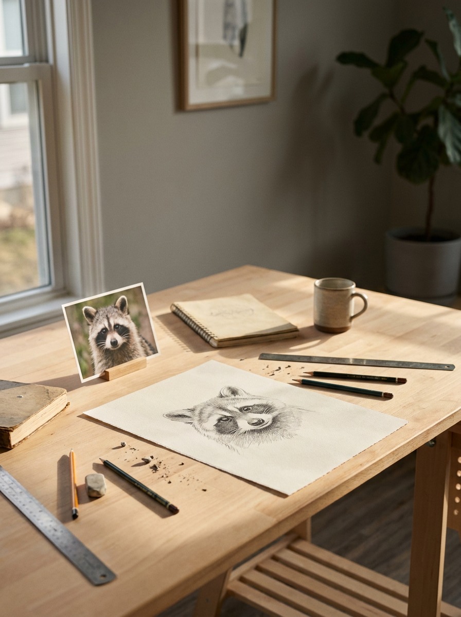 Raccoon reference photo beside an in-progress graphite drawing