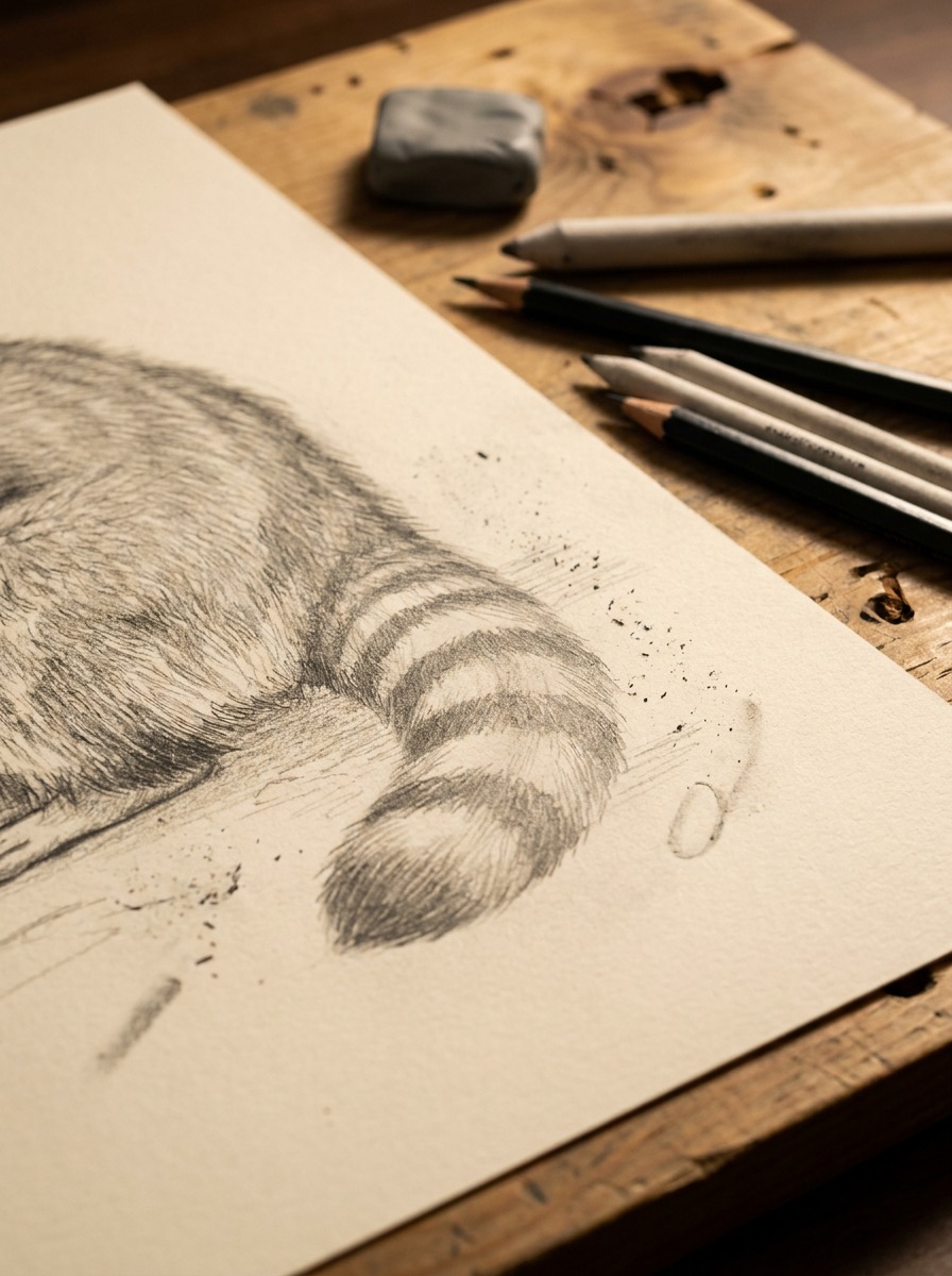 Graphite raccoon tail with irregular rings curving around its form