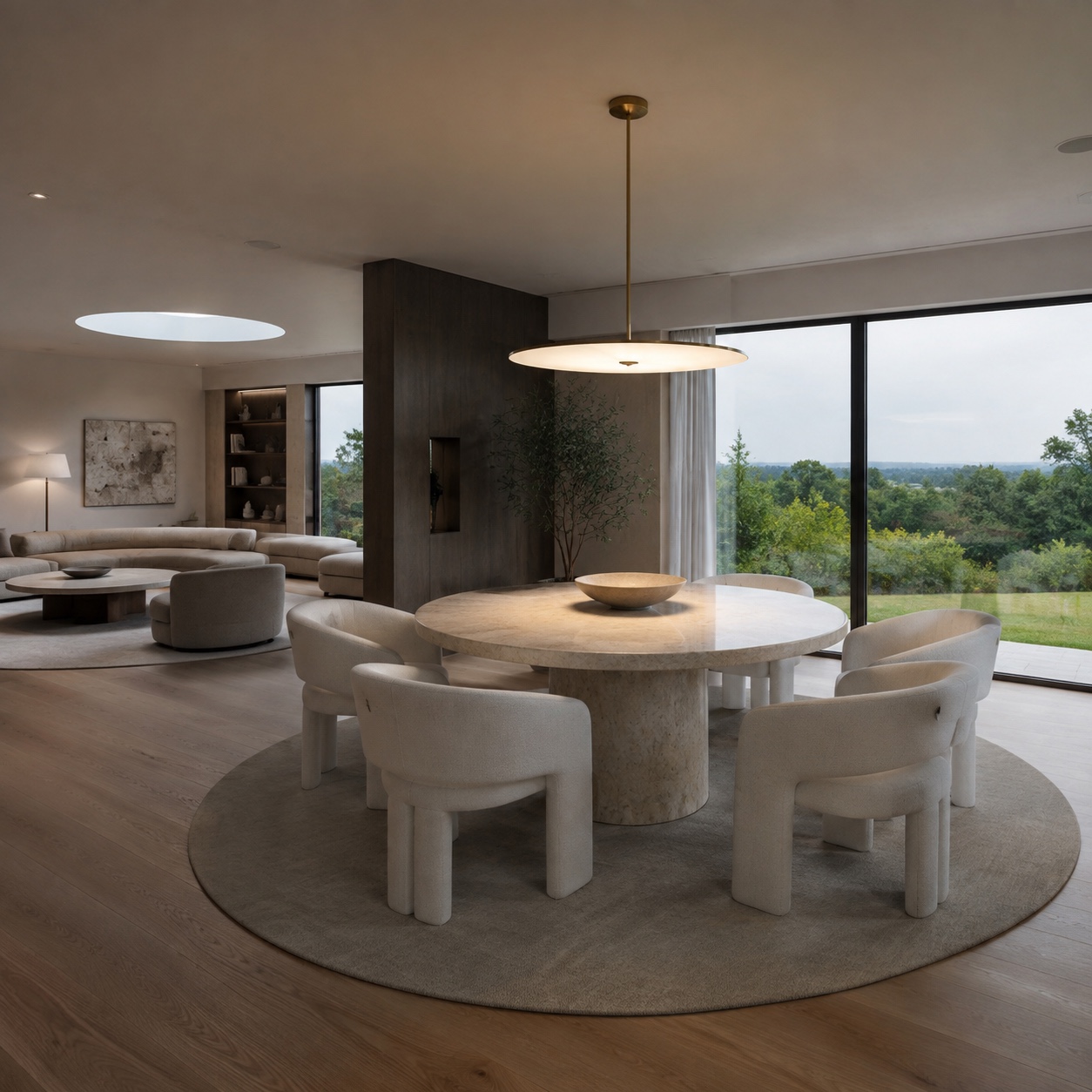 Radial balance open concept dining room Open-concept living and dining room arranged around a round travertine table, curved cream chairs, circular rug, and pendant light. | Sky Rye Design Open-concept living and dining room arranged around a round travertine table, curved cream chairs, circular rug, and pendant light.