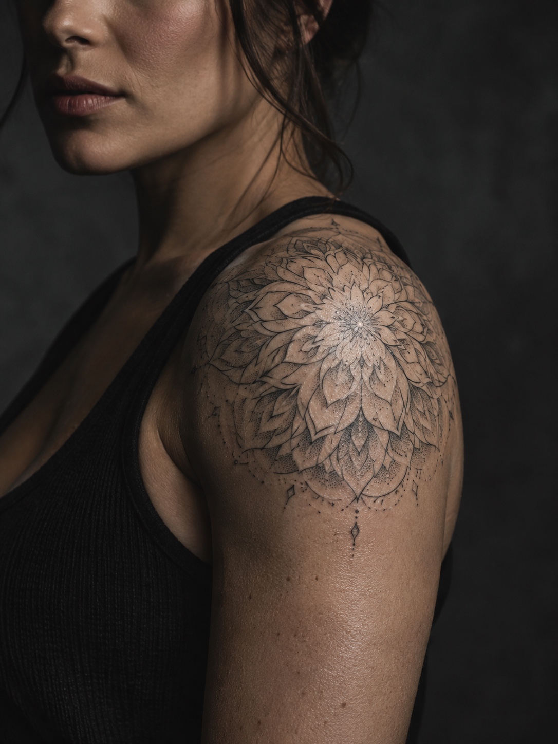 Radial mandala shoulder tattoo Fine mandala lines radiate across the curve of a shoulder | Sky Rye Design Fine mandala lines radiate across the curve of a shoulder