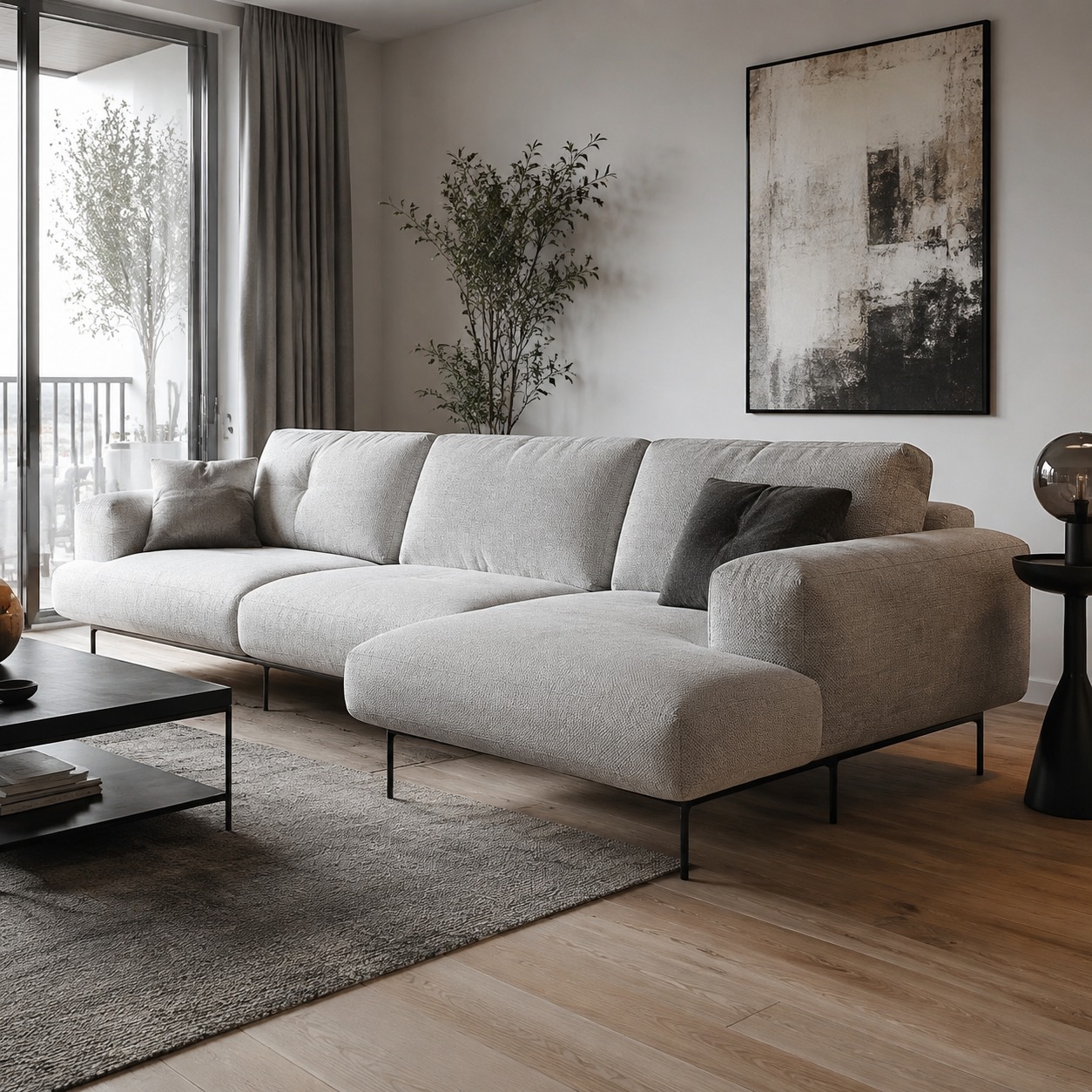 Raised Leg Modular Sofa Apartment Modular sofa with raised legs in a modern apartment living room | Sky Rye Design Modular sofa with raised legs in a modern apartment living room