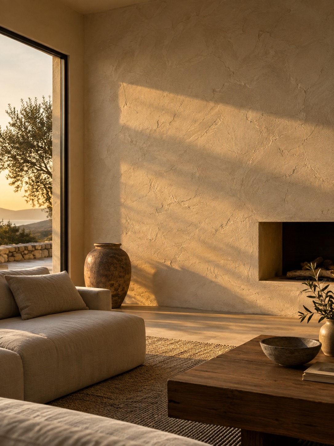 Golden-hour light revealing the texture of a hand-troweled plaster wall
