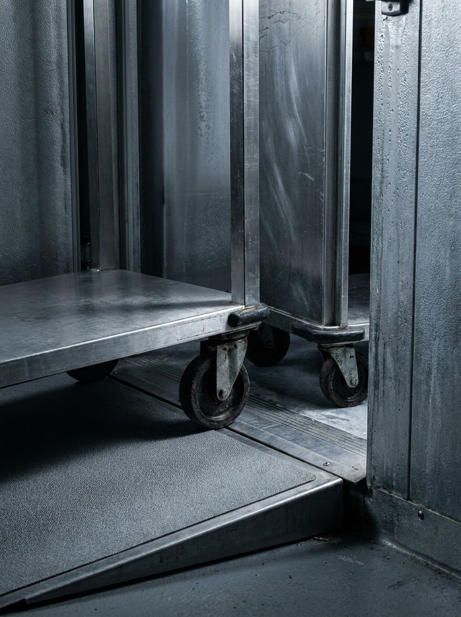 Ramped Walk-In Freezer Threshold Rolling cart crossing a smooth ramped walk-in freezer threshold | Sky Rye Design Rolling cart crossing a smooth ramped walk-in freezer threshold