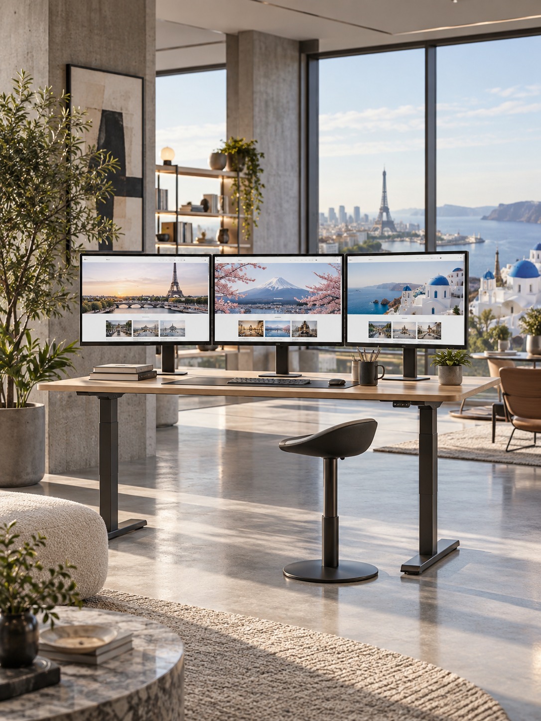 Regional Website Variants in a Design Studio Triple-monitor workstation showing three regional versions of one website | Sky Rye Design Triple-monitor workstation showing three regional versions of one website