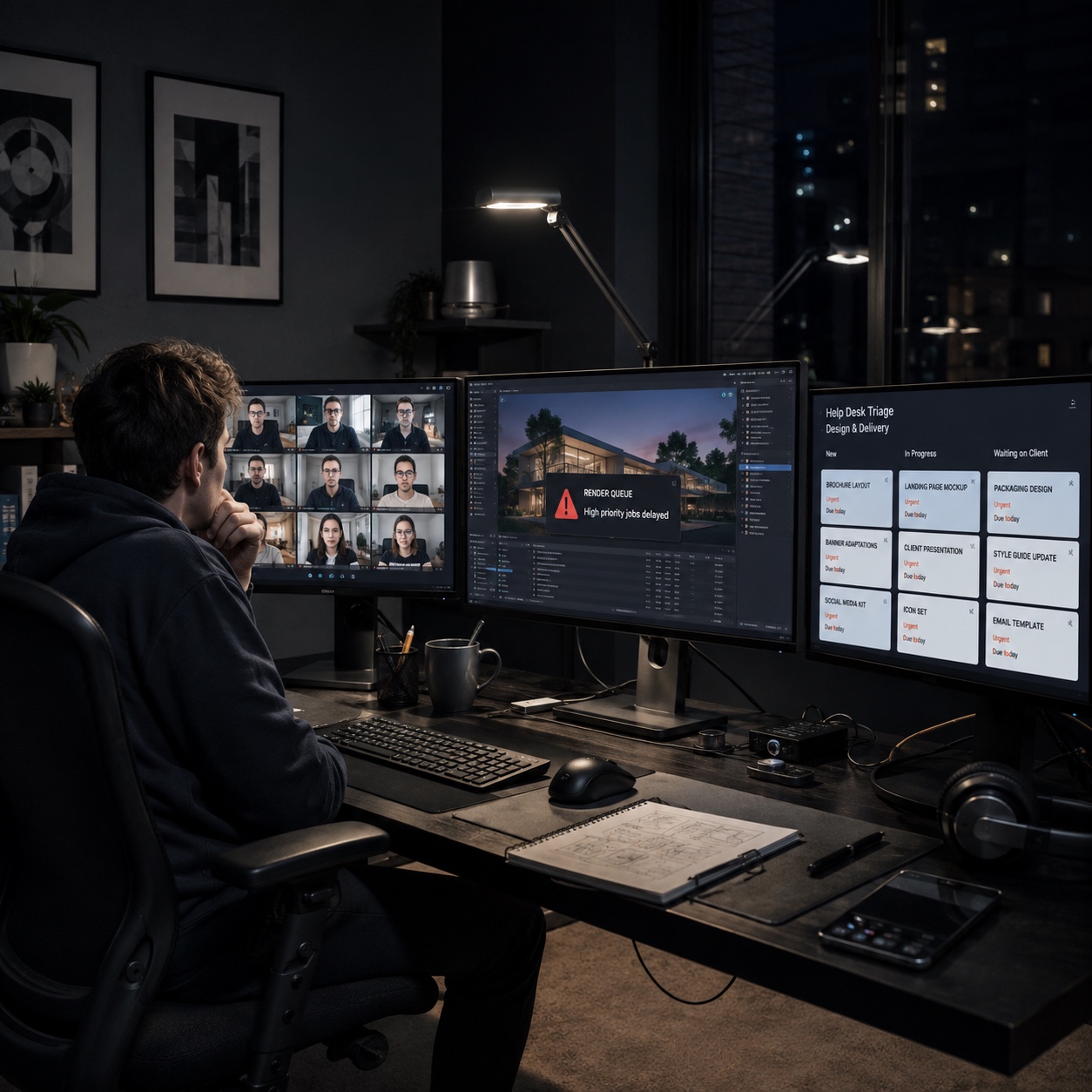 Remote support desk with a render queue alert and help desk triage board for design delivery.