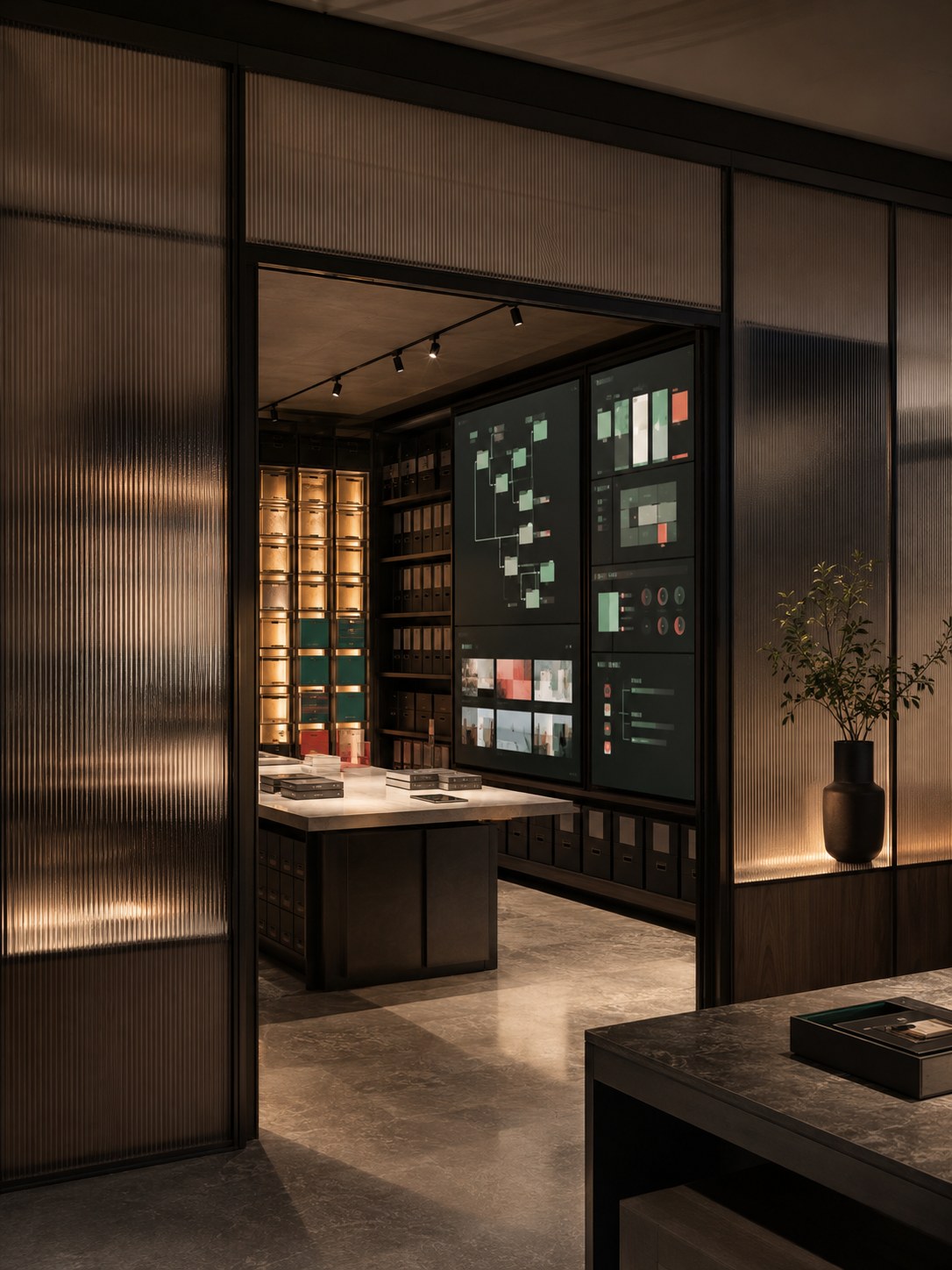A secure studio archive room with screens showing abstract brand asset taxonomy and retired files.