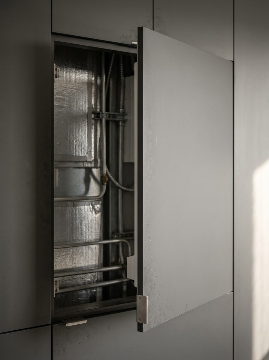 Removable Freezer Access Panel Open removable millwork panel providing access to freezer equipment | Sky Rye Design Open removable millwork panel providing access to freezer equipment