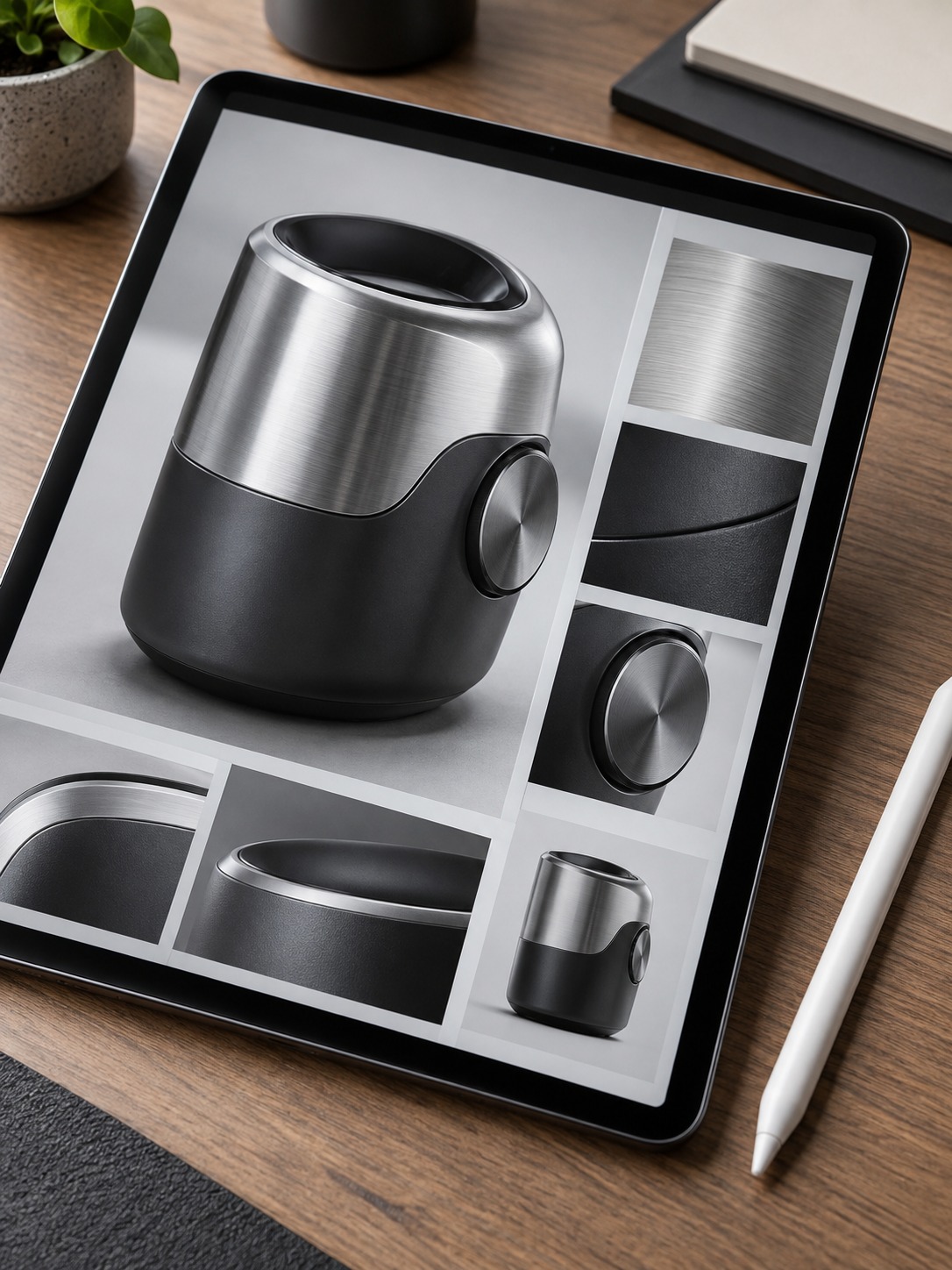 Rendered product sketch with material callouts Rendered product sketch on an iPad with brushed metal and matte plastic finishes | Sky Rye Design Rendered product sketch on an iPad with brushed metal and matte plastic finishes