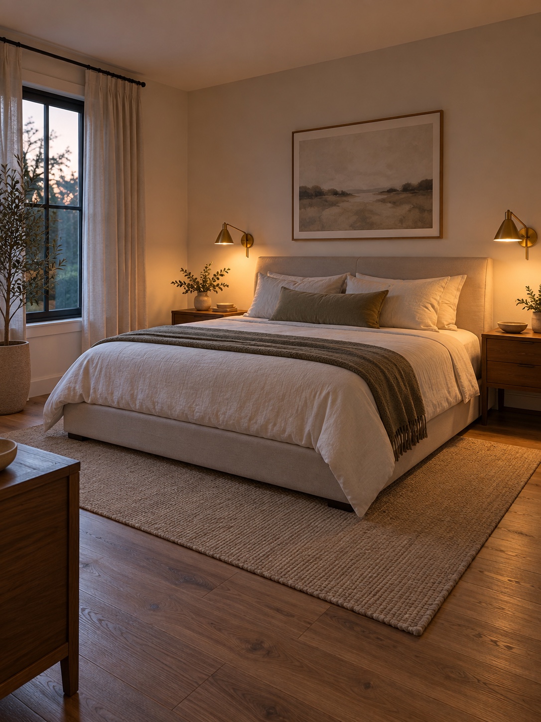 Modern rental bedroom with mid-tone wood floor, linen bedding and a brass reading light