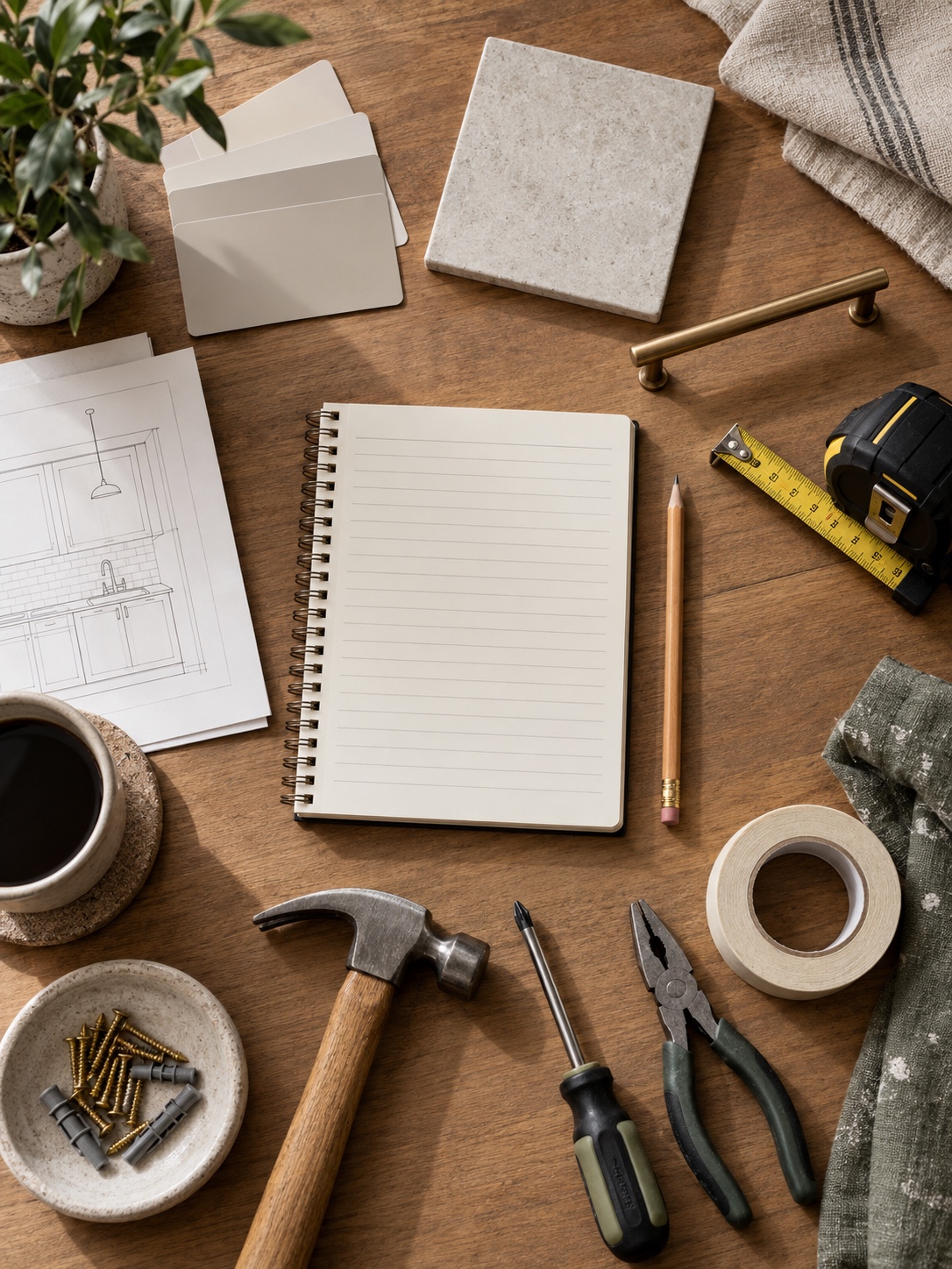 Paint, hardware and flooring samples arranged with a rental finish schedule notebook
