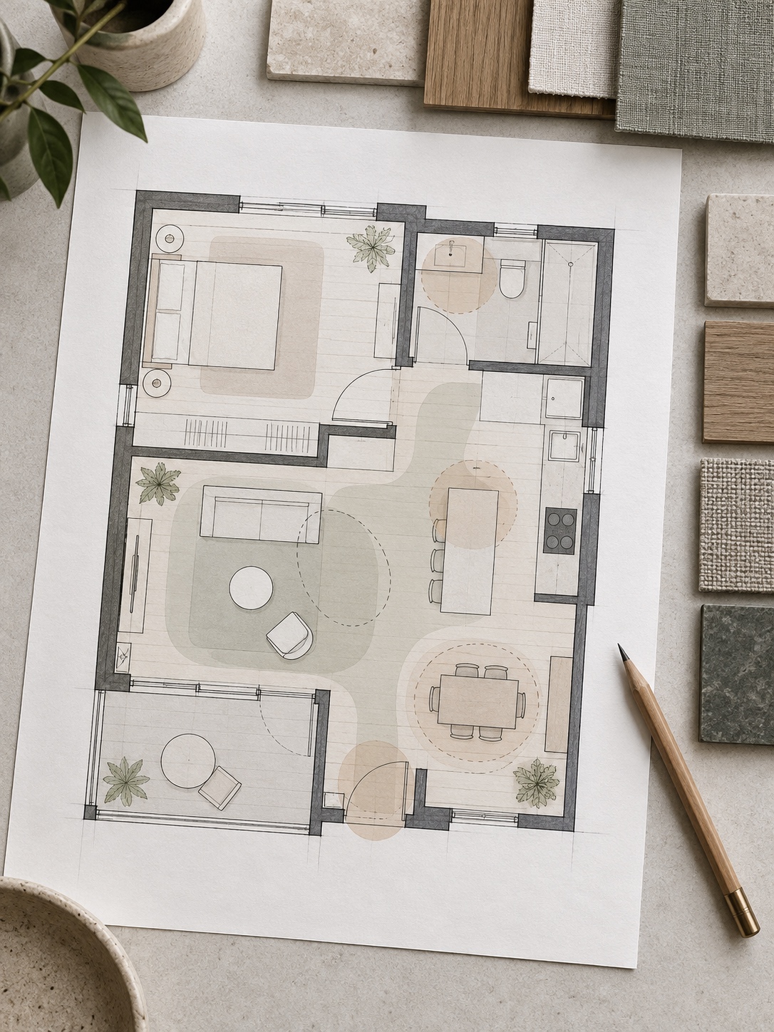 Rental floor plan sketch marking background surfaces and high-contact zones