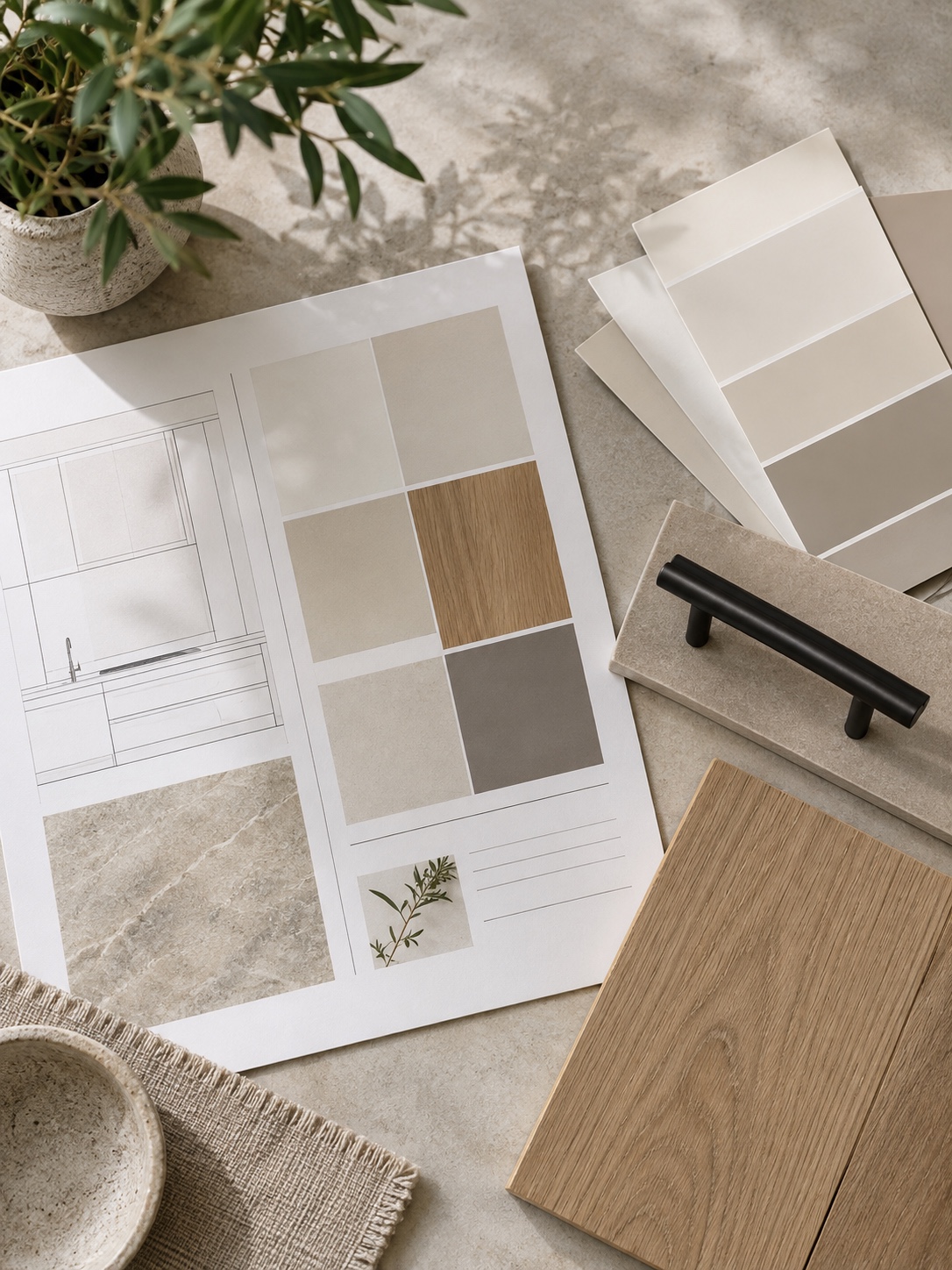 Finish schedule with paint chips, cabinet hardware and a flooring sample