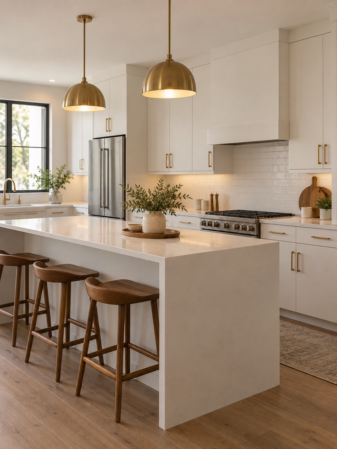 Rental kitchen with matte white cabinets, brass hardware and warm pendant lighting
