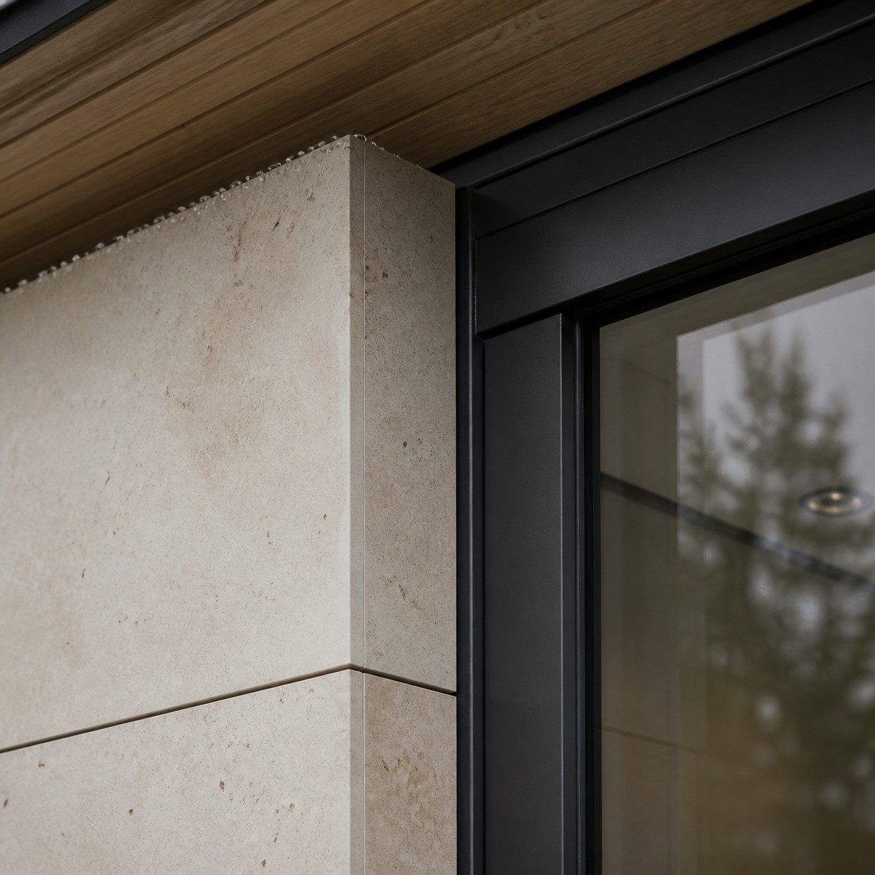 Close-up of limestone cladding meeting a black aluminum window frame with timber soffit and rain beads.
