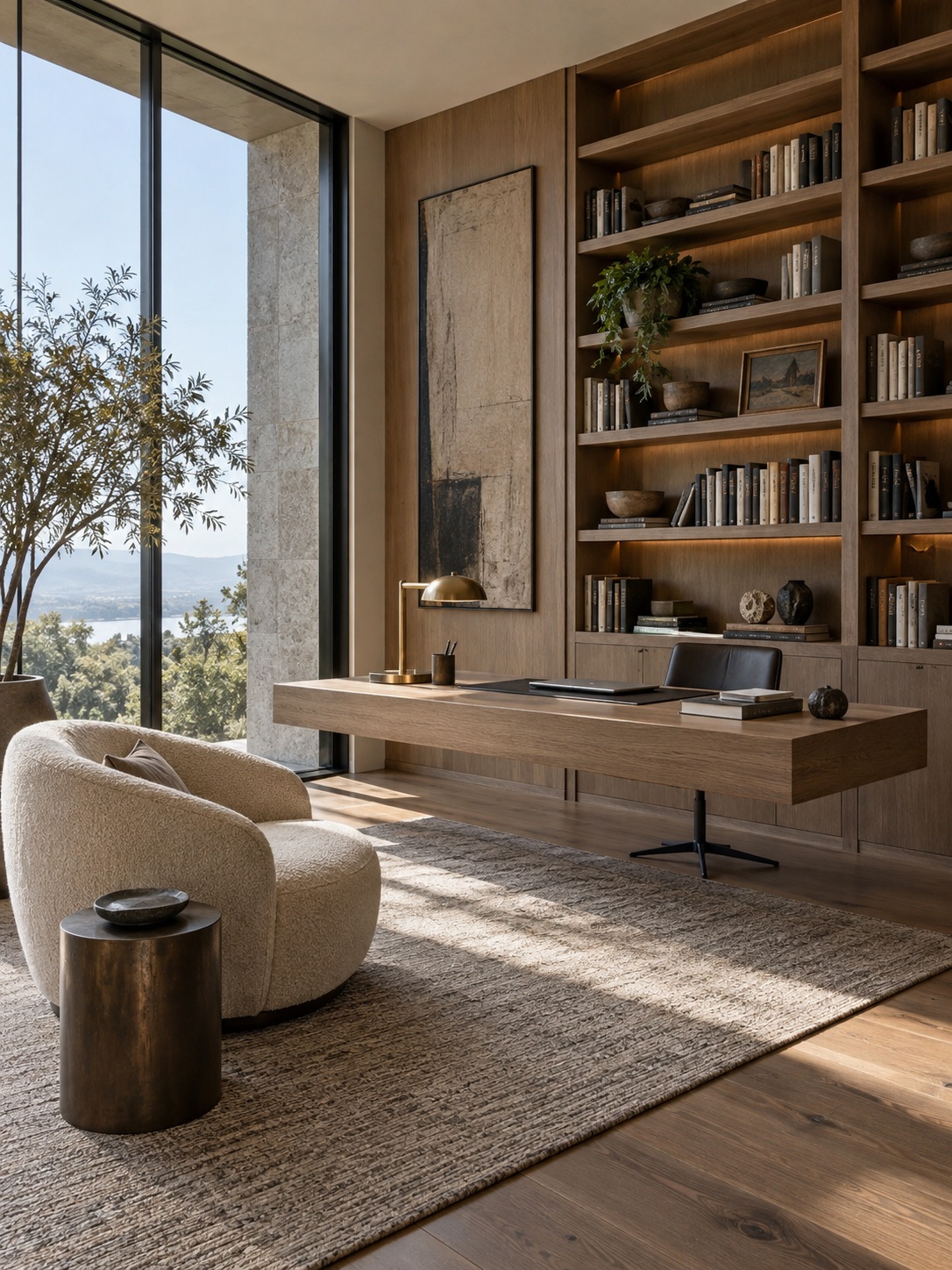 Modern home office with a floating desk and floor-to-ceiling bookshelves