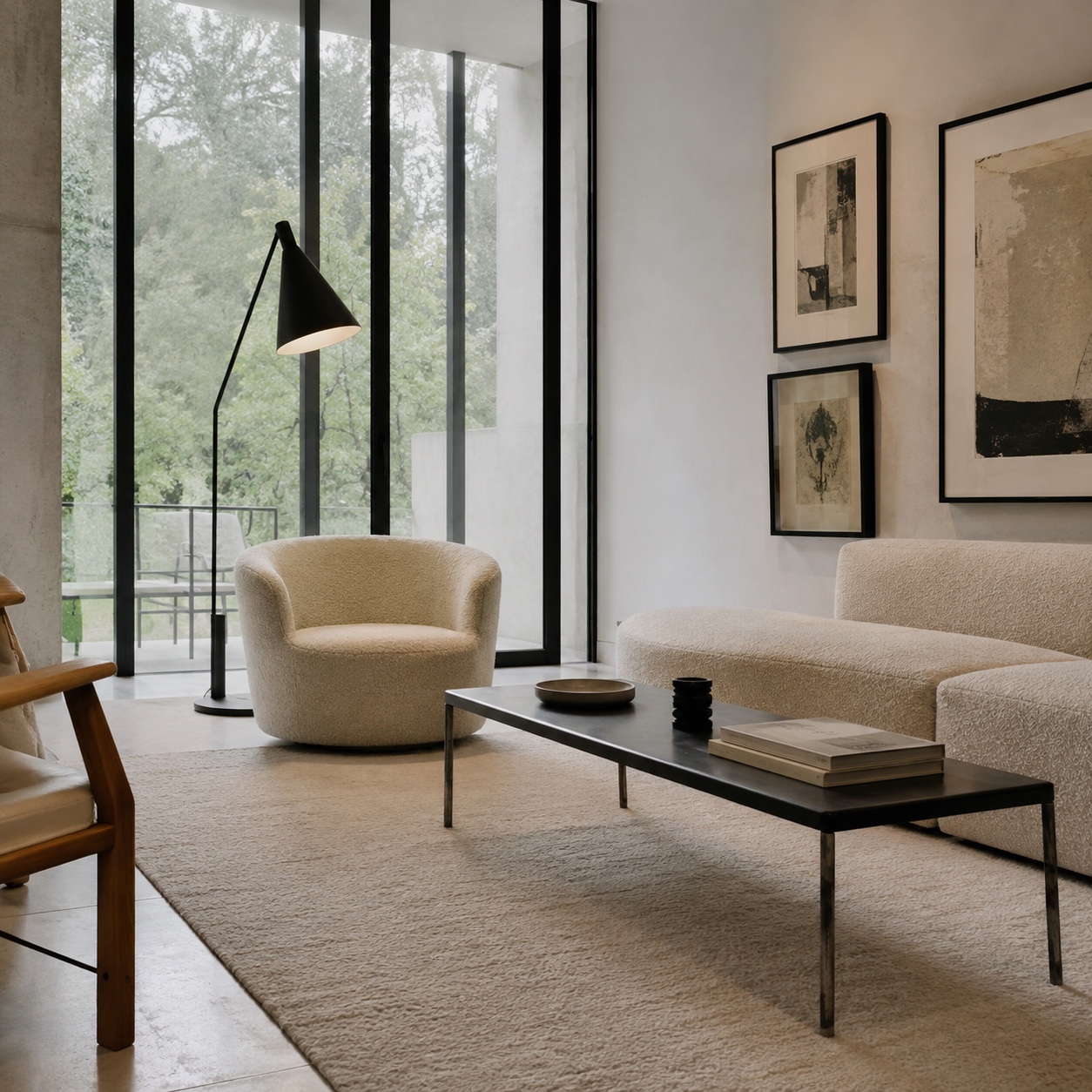 Rhythm in interior design black lines Gallery-like living space with repeated black metal lines across window frames, floor lamp, picture frames, and slim coffee table. | Sky Rye Design Gallery-like living space with repeated black metal lines across window frames, floor lamp, picture frames, and slim coffee table.