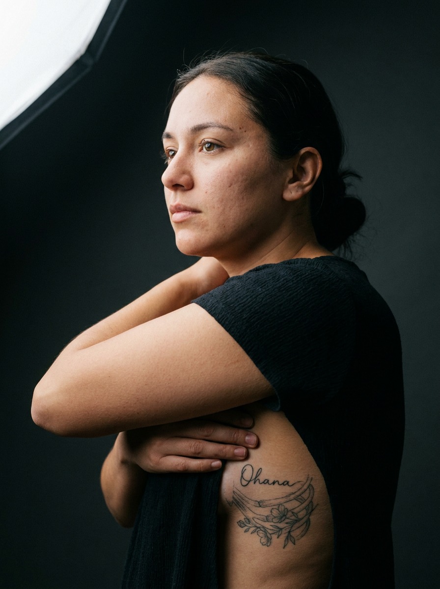 Model in profile with a full ribcage ohana tattoo composition.