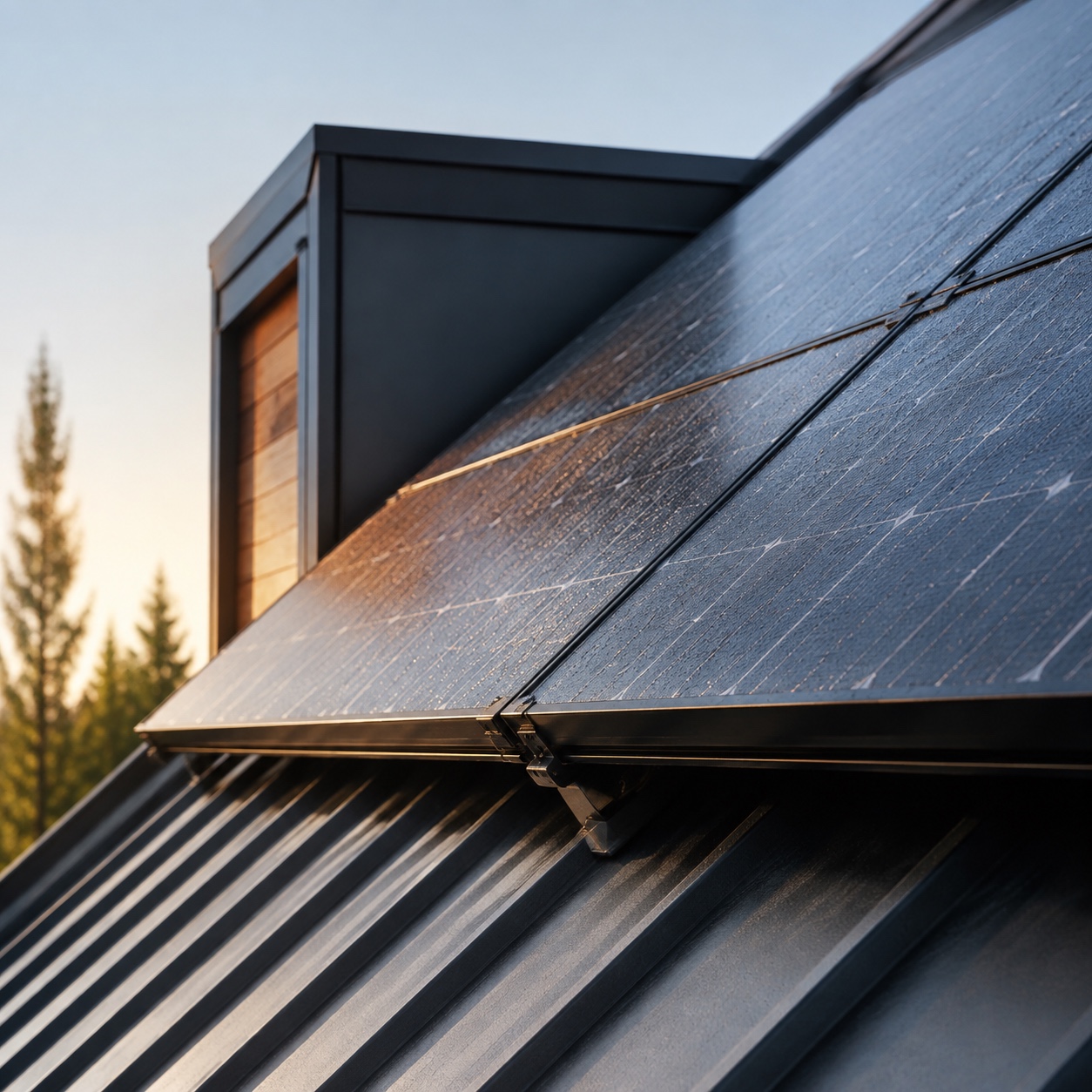 Rooftop Solar Panels in Morning Light Close-up of rooftop solar panels catching soft morning light on a modern roof. | Sky Rye Design Close-up of rooftop solar panels catching soft morning light on a modern roof.