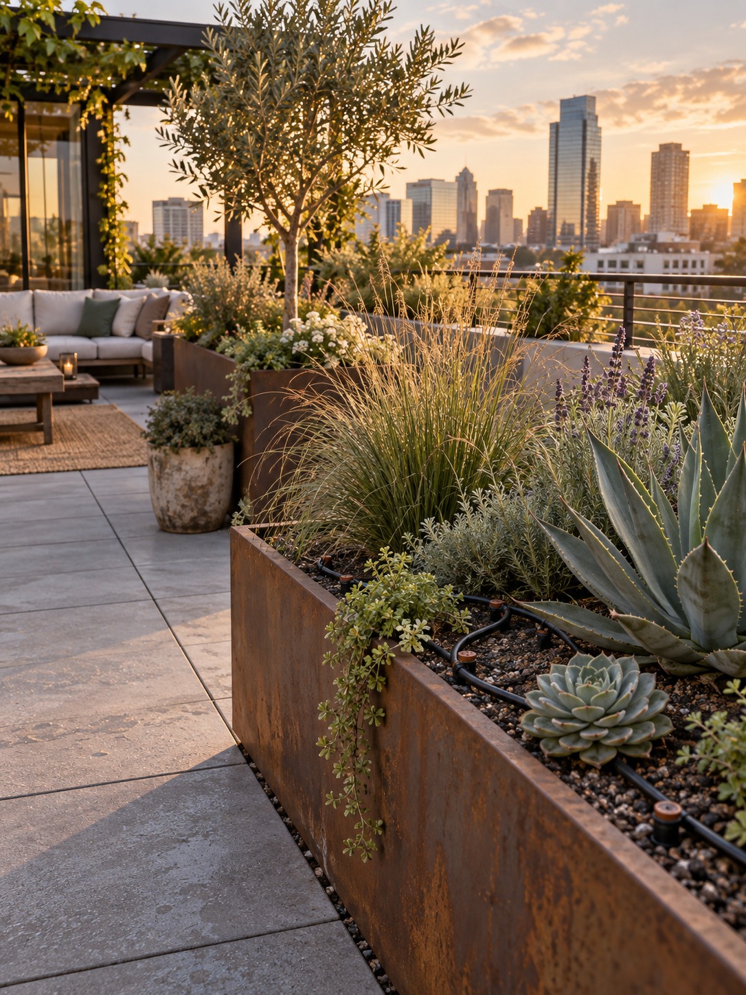 Modern rooftop terrace with drip irrigation routed through raised planters