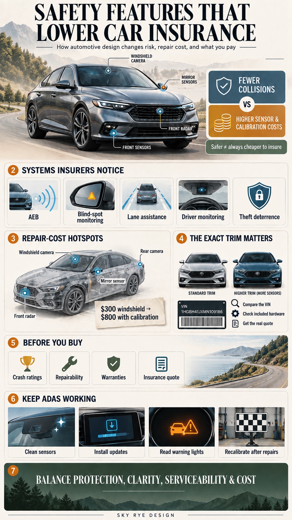 Safety Features That Lower Car Insurance Infographic Infographic comparing collision-reducing car safety features with sensor repair and calibration costs | Sky Rye Design Infographic comparing collision-reducing car safety features with sensor repair and calibration costs
