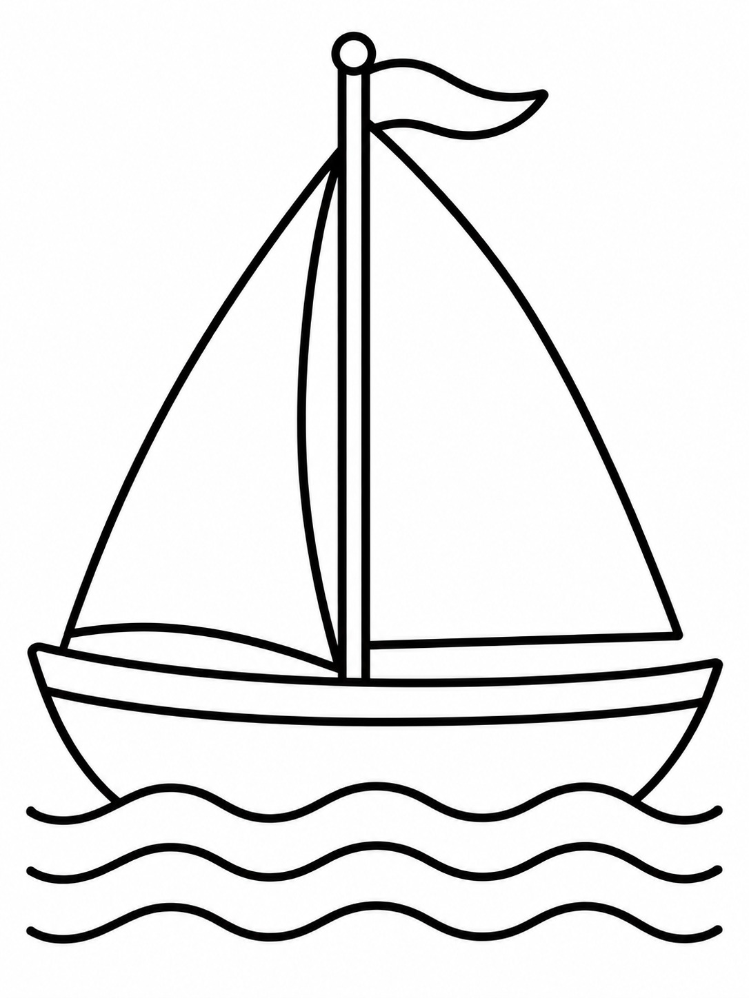 Sailboat waves easy coloring page Sailboat with two large sails moving over three bold wave lines. | Sky Rye Design Sailboat with two large sails moving over three bold wave lines.