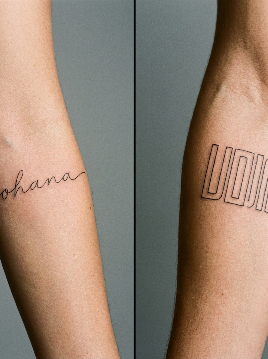 Side-by-side forearm tattoos comparing cursive ohana lettering with block lettering.