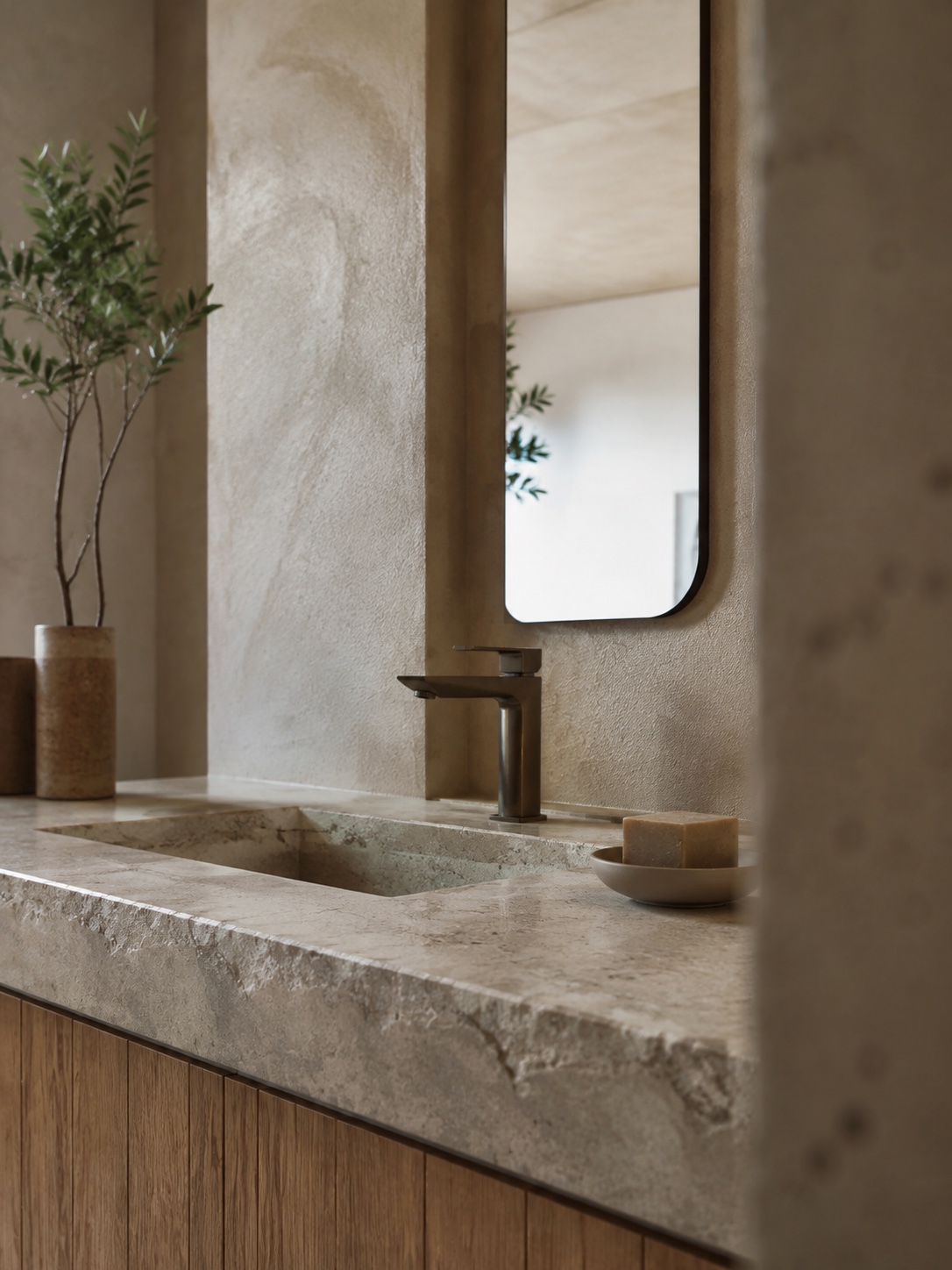 Sculptural Faucet Natural Stone Vanity Minimalist sculptural faucet on a natural stone bathroom vanity. | Sky Rye Design Minimalist sculptural faucet on a natural stone bathroom vanity.