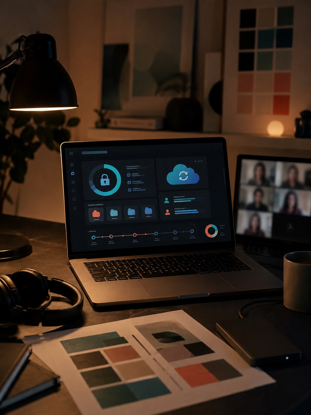 A home studio laptop showing abstract secure access, cloud sync, permissions, and backup status.