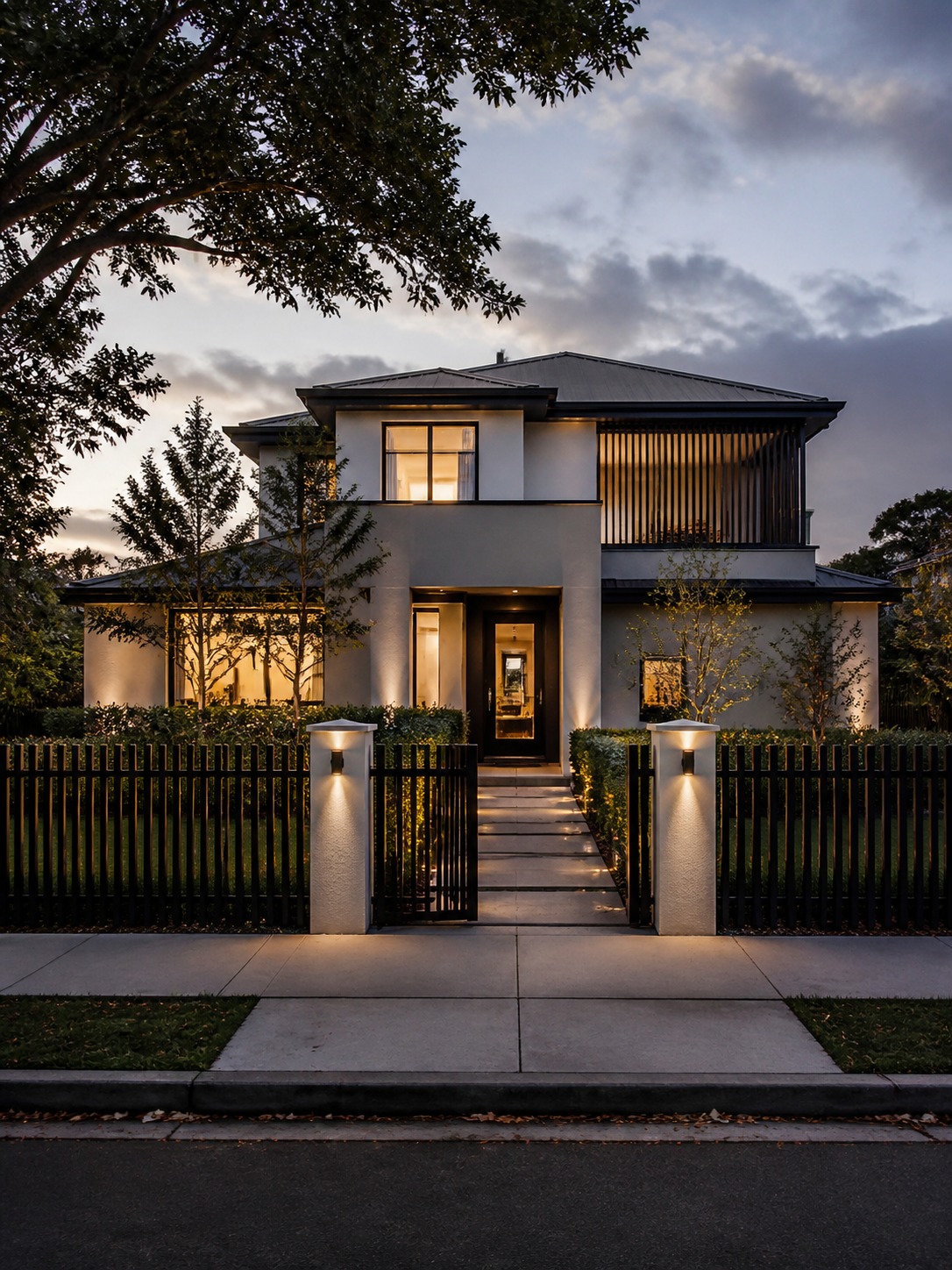 Secure modern home exterior hero A full modern home exterior at dusk with coordinated entry lighting, a vertical fence, and trimmed landscaping. | Sky Rye Design A full modern home exterior at dusk with coordinated entry lighting, a vertical fence, and trimmed landscaping.