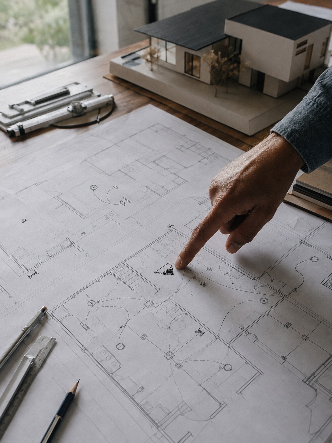 Security wiring plan on architectural drawings A hand points to a marked camera location on architectural plans beside drafting tools and a small house model. | Sky Rye Design A hand points to a marked camera location on architectural plans beside drafting tools and a small house model.