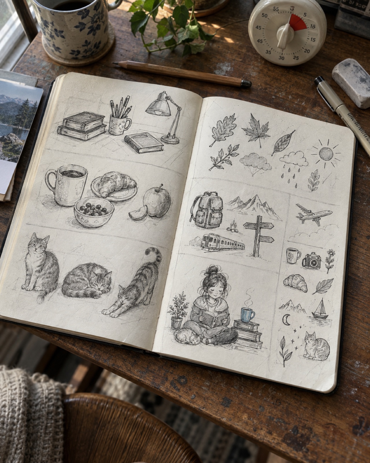 Seven-day daily doodle practice Seven-day daily doodle practice with desk objects, food, cats, nature, travel icons, and character prompts | Sky Rye Design Seven-day daily doodle practice with desk objects, food, cats, nature, travel icons, and character prompts
