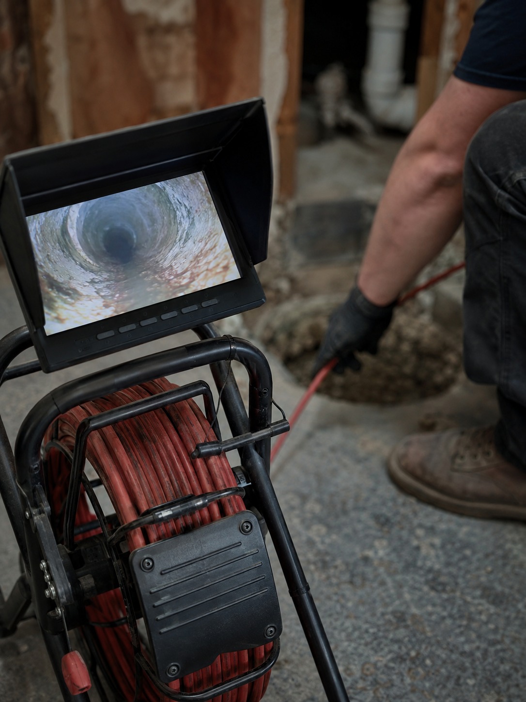 plumber sewer scope camera and monitor showing a pipe inspection in progress