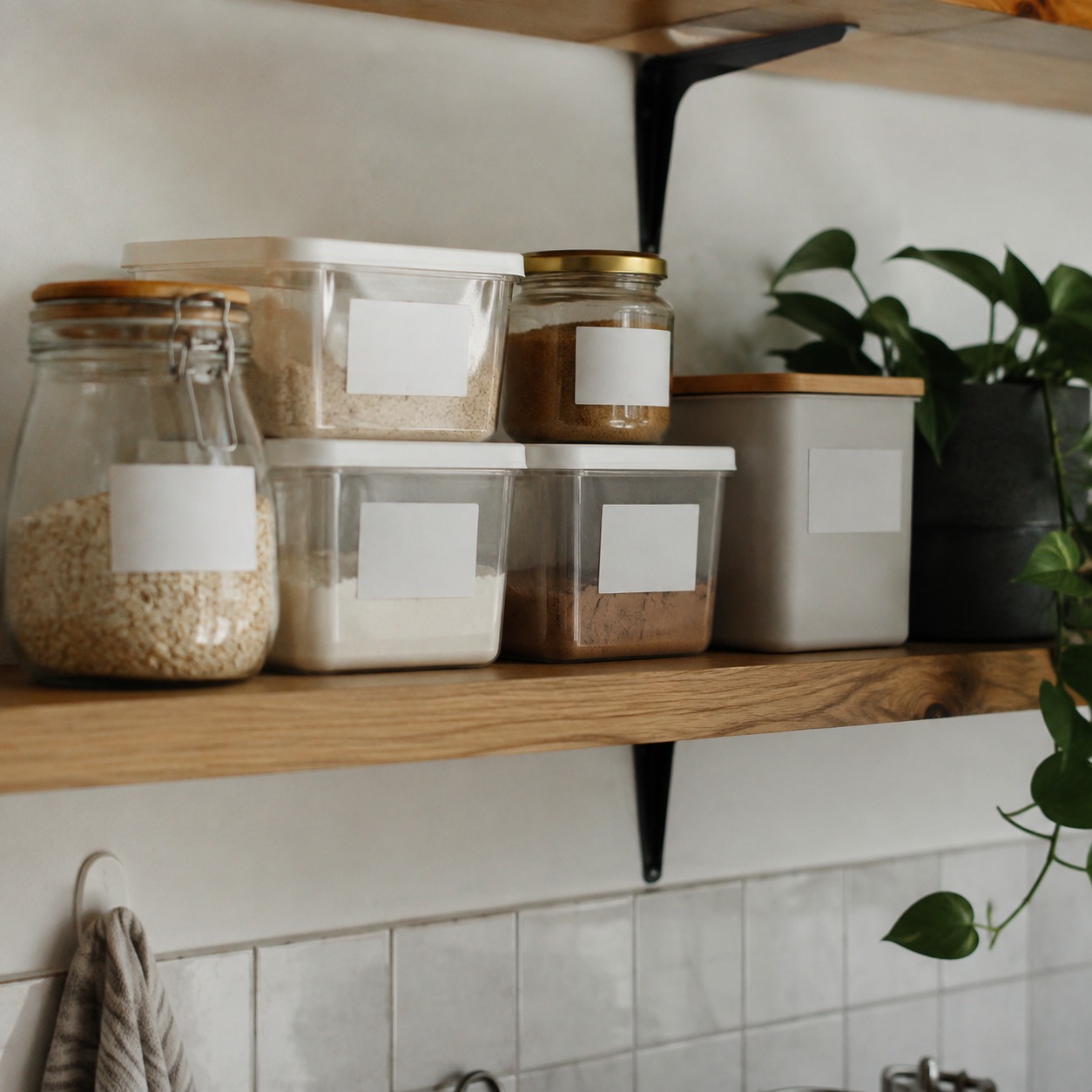 Shared student kitchen labeled storage Small student apartment kitchen shelf with labeled storage containers. | Sky Rye Design Small student apartment kitchen shelf with labeled storage containers.