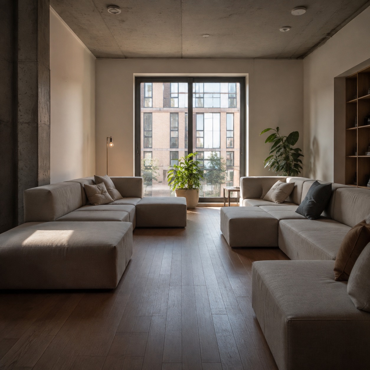Shared student living room layout Shared student living room with modular seating and a clear walking path. | Sky Rye Design Shared student living room with modular seating and a clear walking path.