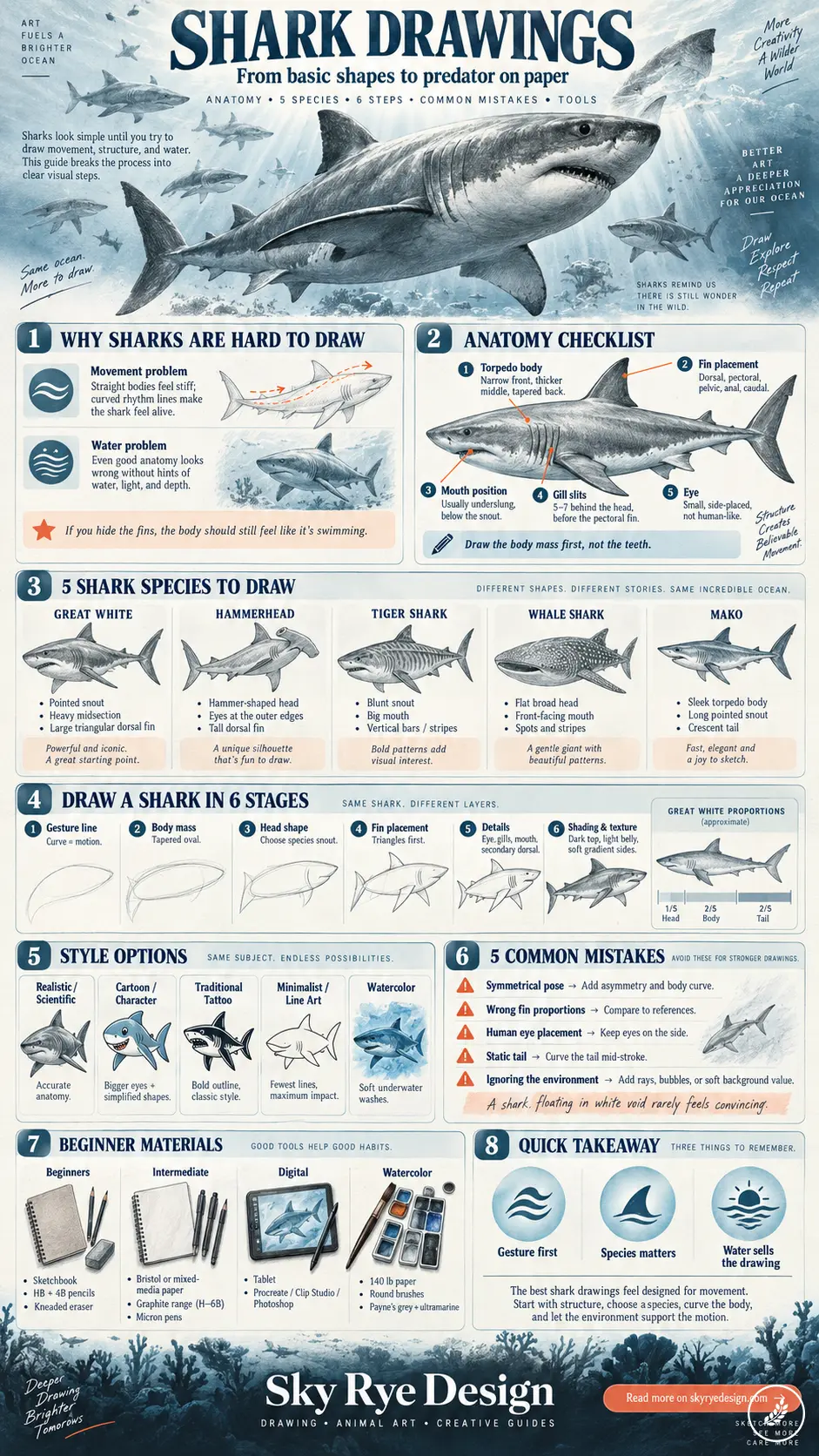 Infographic guide titled Shark Drawings, detailing anatomy, five key species, a six-stage drawing process, styles, and mistakes
