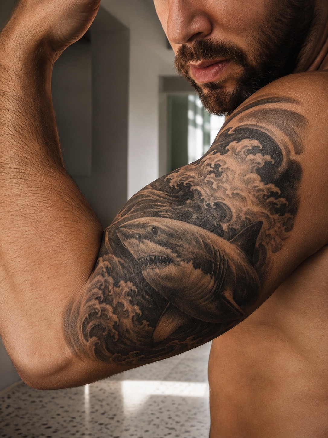 Model showing a bold traditional great white shark tattoo wrapping the bicep with realistic healed ink and editorial lighting.