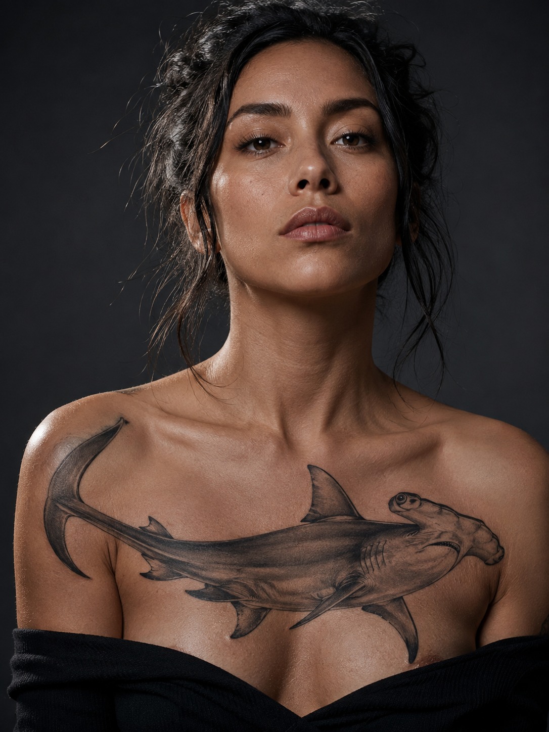 Model showing a bold traditional hammerhead shark tattoo across the upper chest with realistic healed ink and editorial lighting.