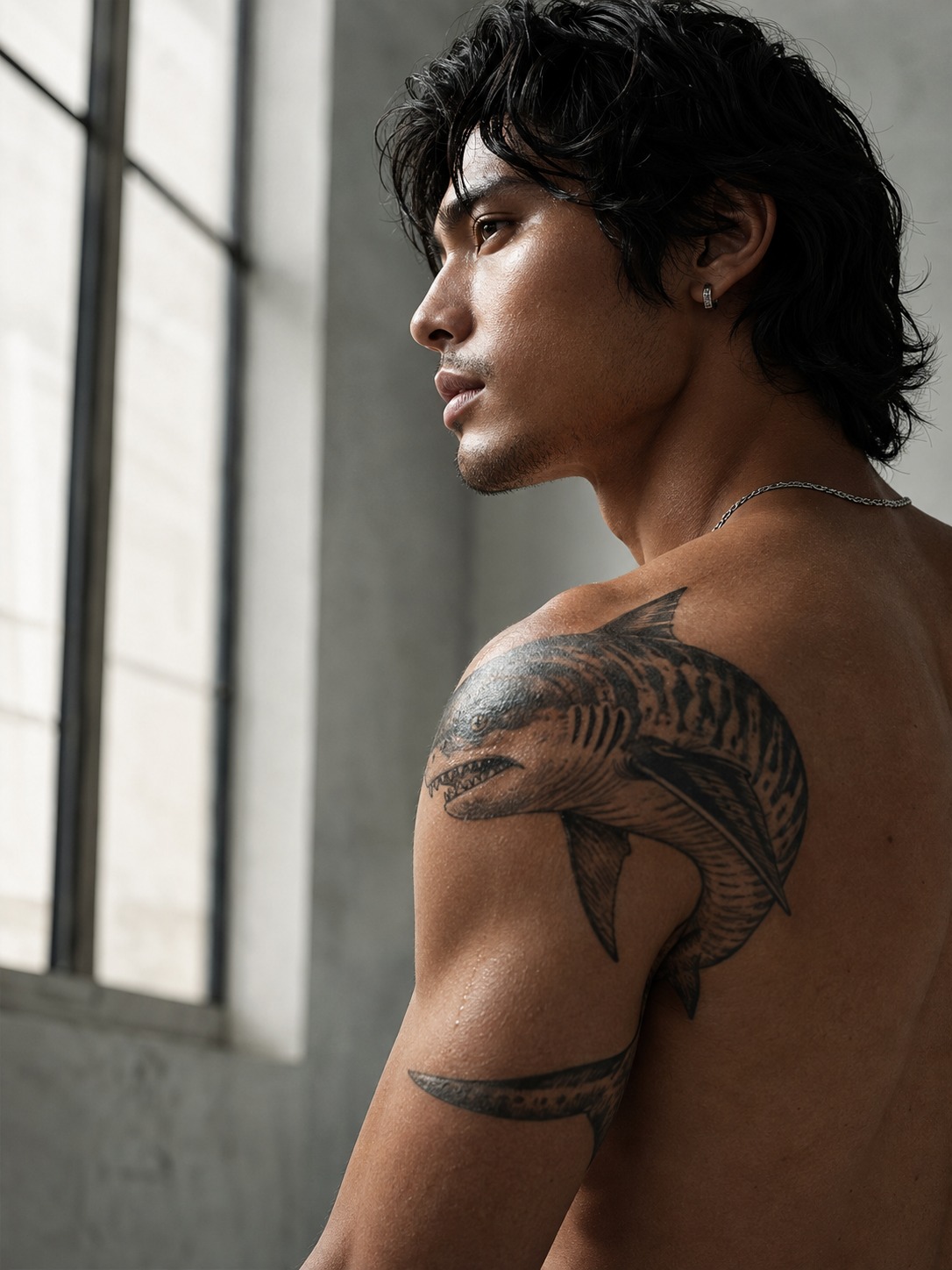 Model showing a bold traditional tiger shark tattoo on the shoulder with realistic healed ink and editorial lighting.