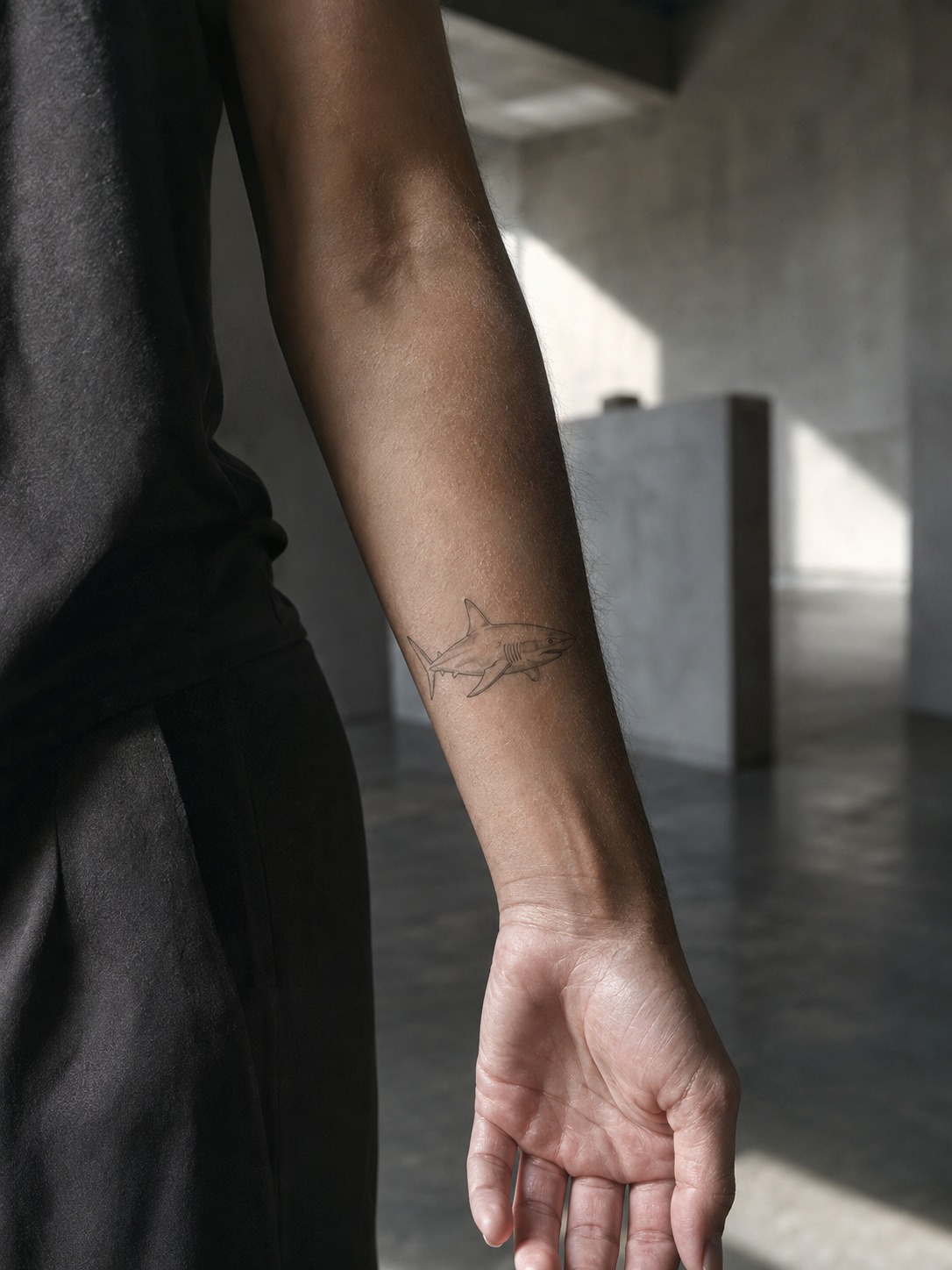 Model showing a fine-line great white shark tattoo on the inner forearm with realistic healed ink and editorial lighting.