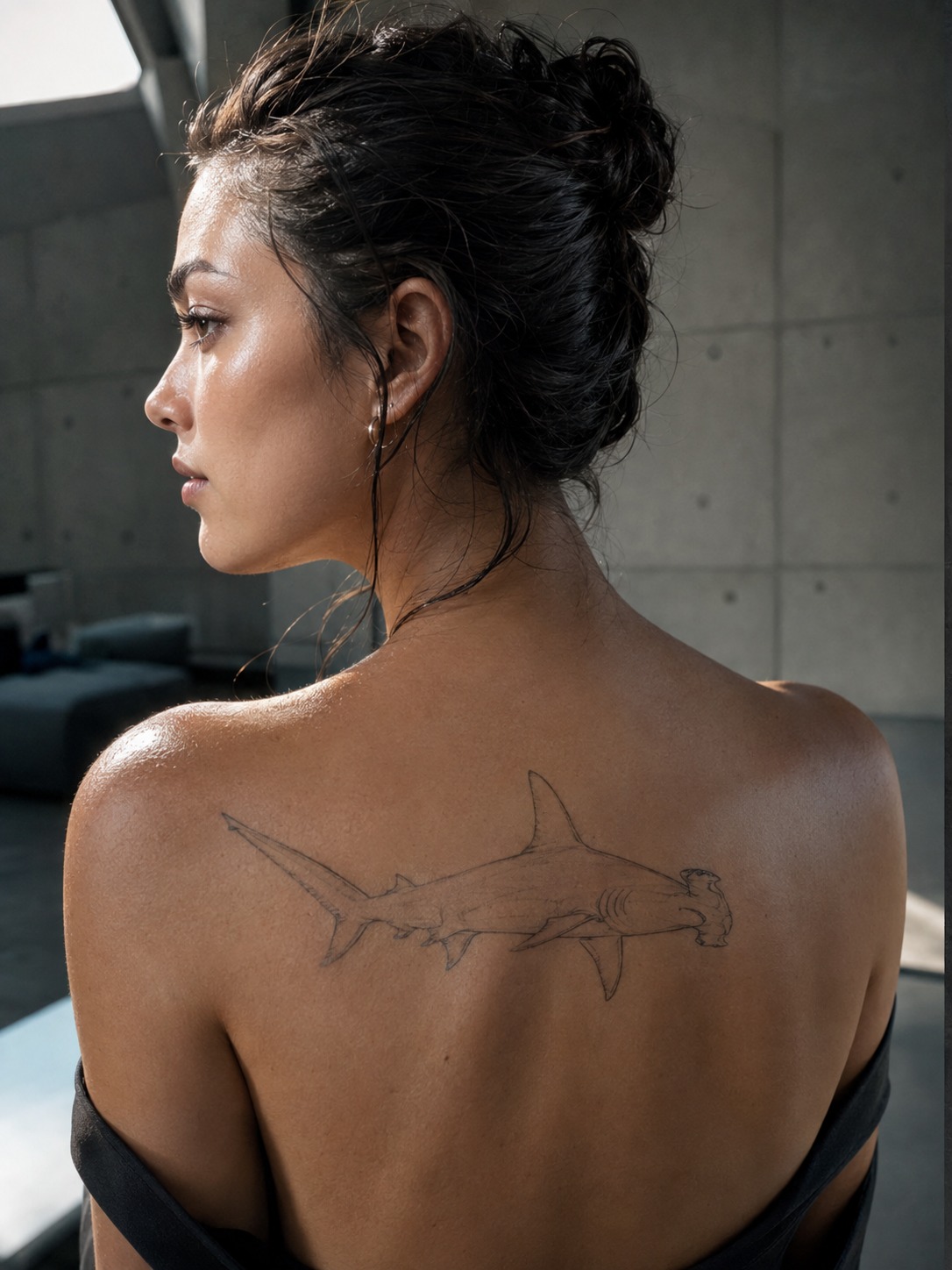 Model showing a fine-line hammerhead shark tattoo across the upper back with realistic healed ink and editorial lighting.