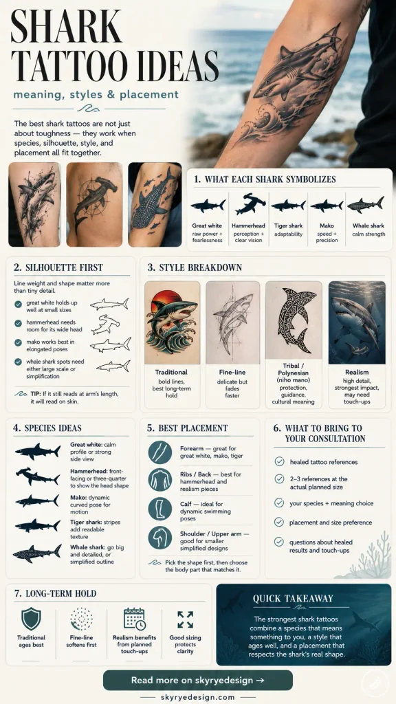 c06fdafa-fcbe-4187-97ad-1dd6ba505975 Infographic about shark tattoo ideas featuring sample designs, styles, placement tips, and symbolism meanings in sections 1–7. (Shark tattoo guide) | Sky Rye Design Infographic summarizing shark tattoo meanings, silhouettes, styles, placement, and consultation advice