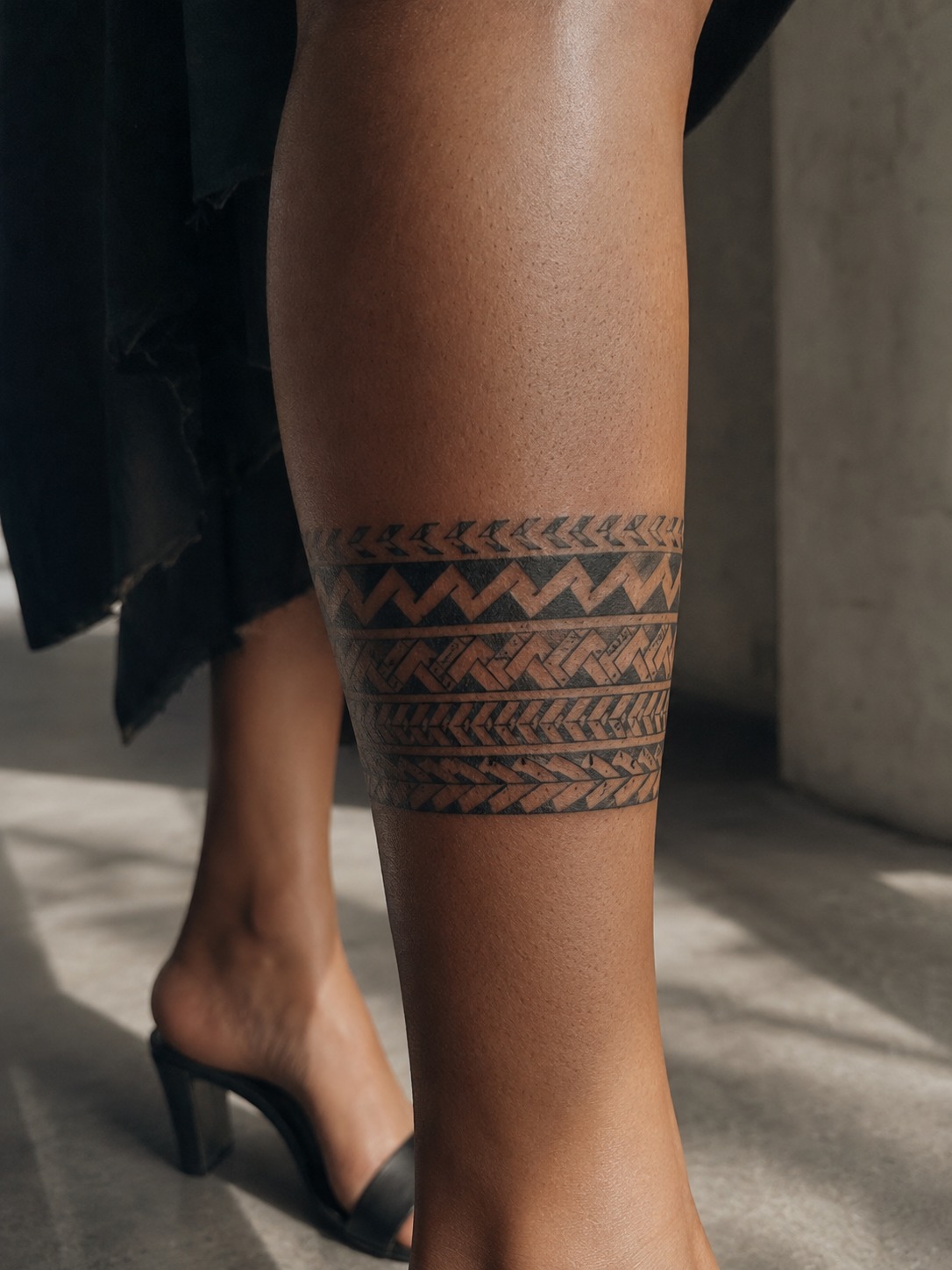 Model showing a tribal Polynesian niho mano tattoo band around the calf with realistic healed ink and editorial lighting.
