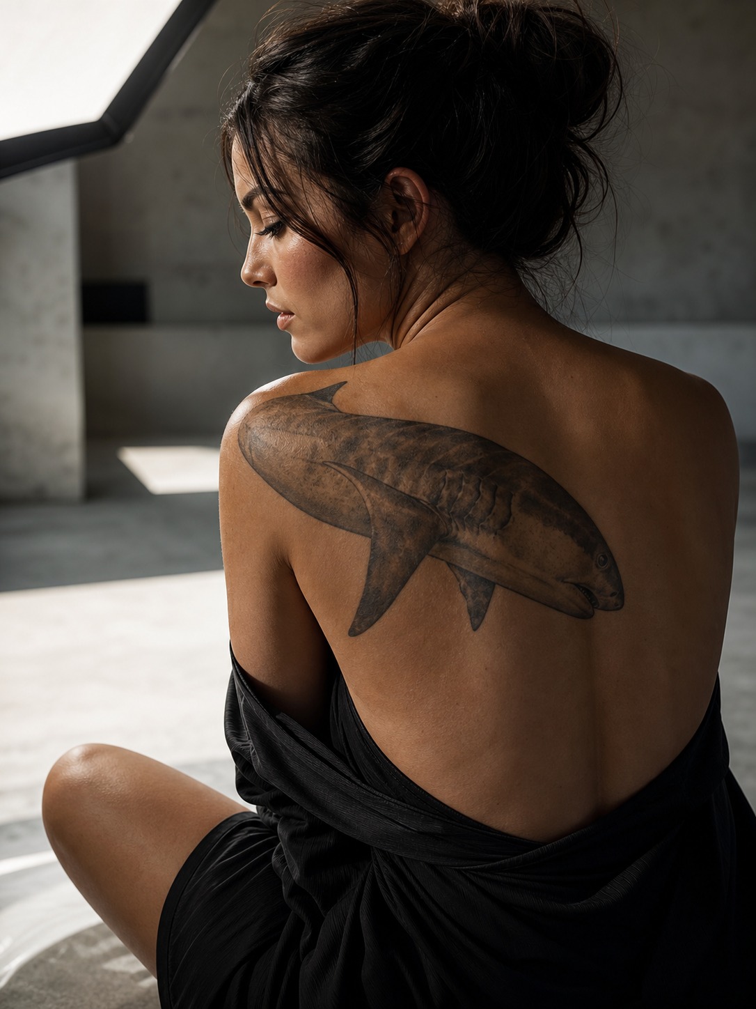 Model showing a realistic tiger shark tattoo across the upper back and shoulder with realistic healed ink and editorial lighting.