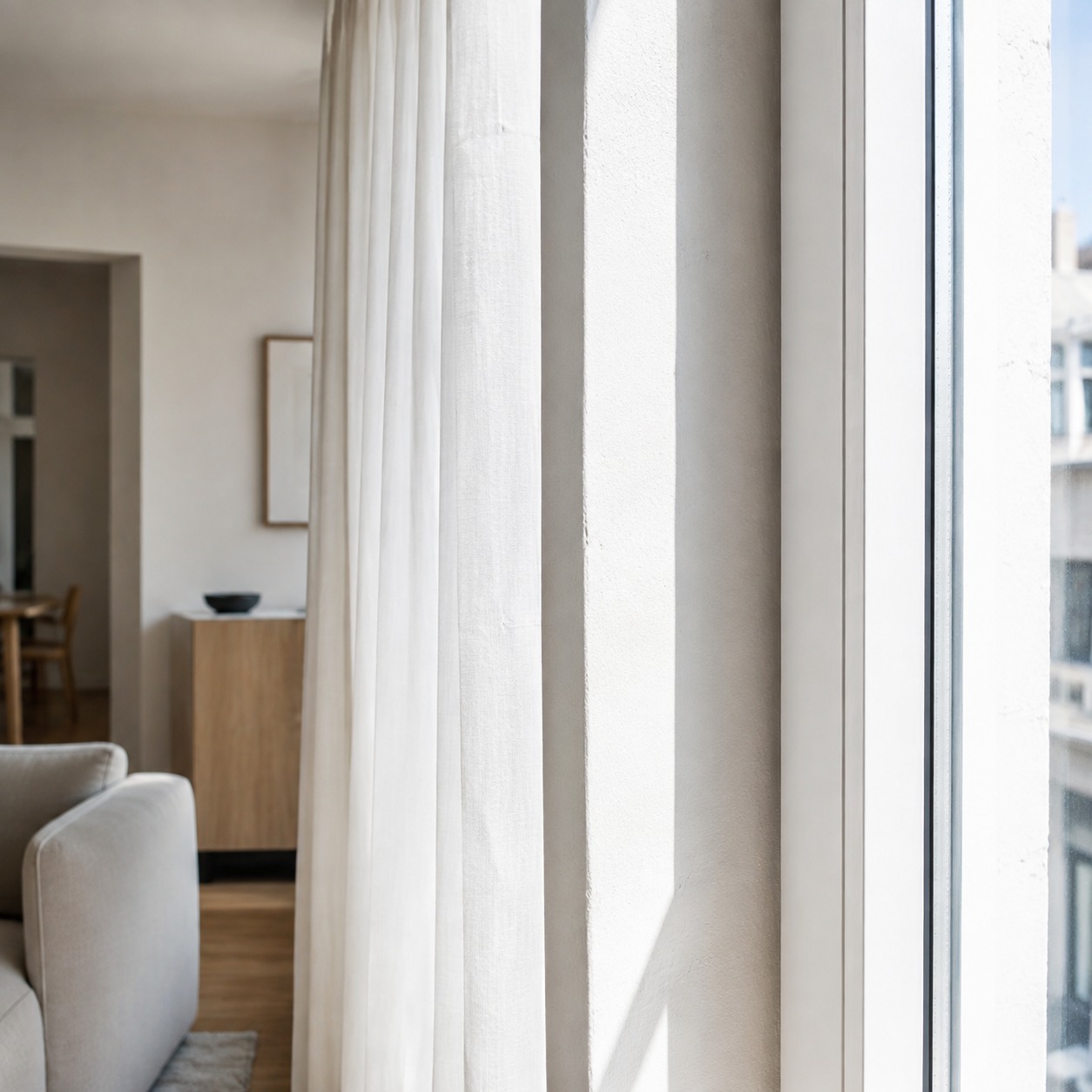 Sheer Curtains Natural Light Apartment Sheer curtains pulled clear of a large apartment window | Sky Rye Design Sheer curtains pulled clear of a large apartment window