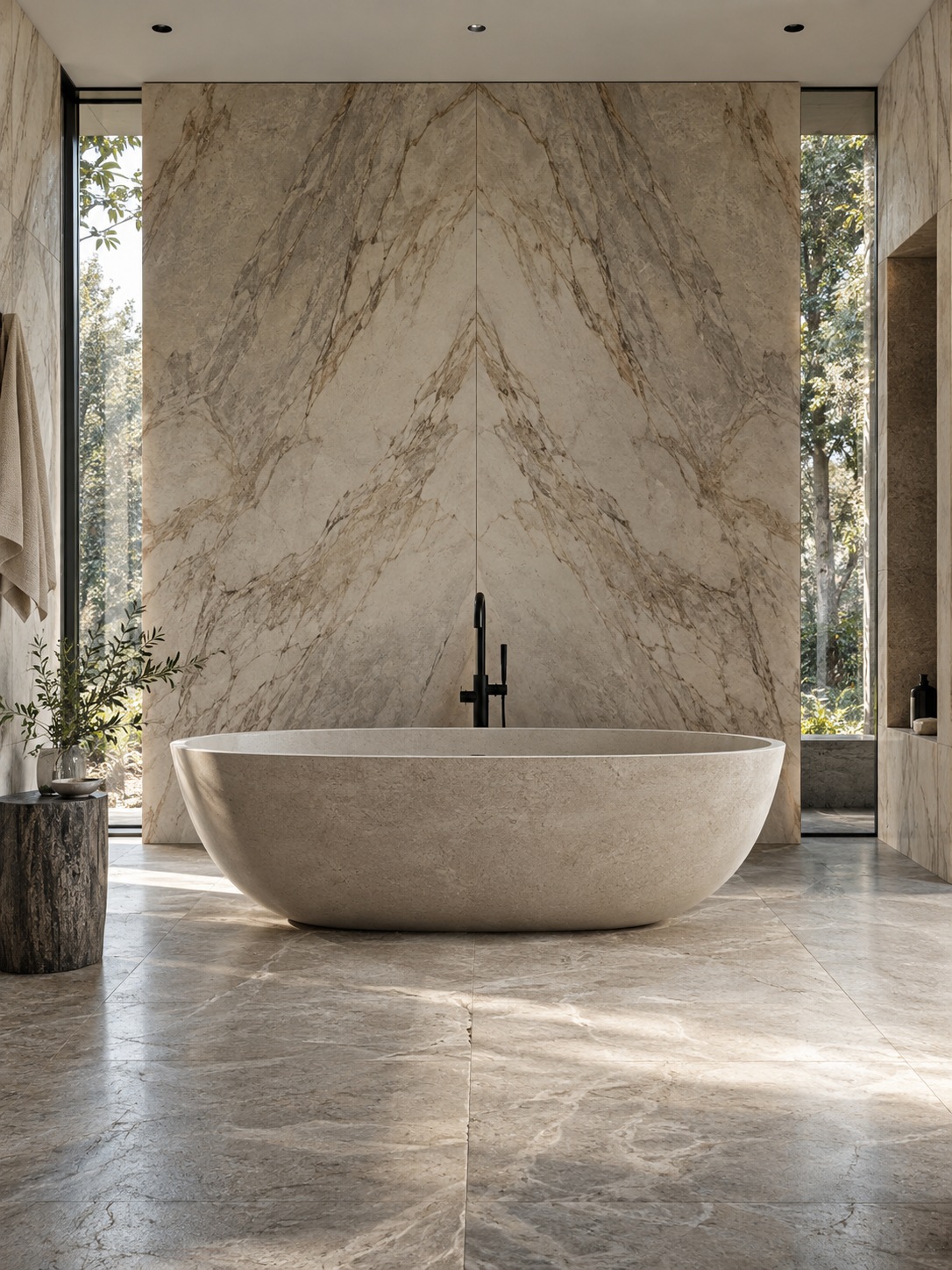 Freestanding bathtub framed by book-matched stone slab walls