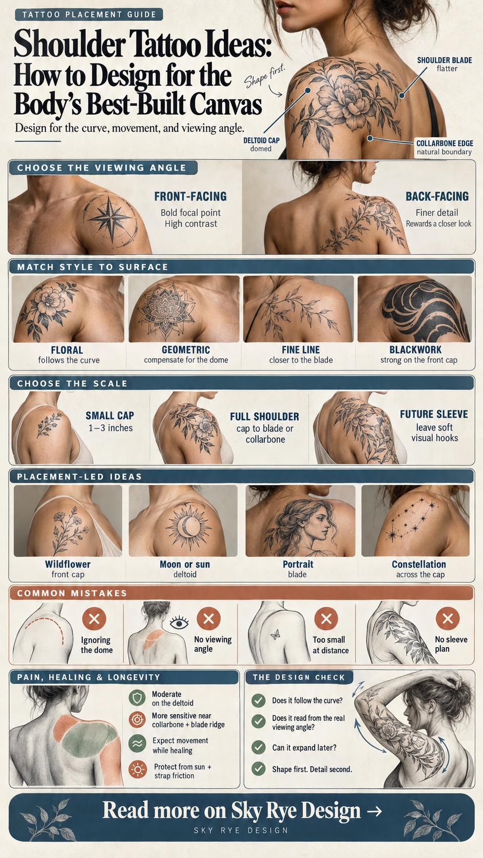 Shoulder tattoo ideas infographic showing placement, styles, sizing, common mistakes, pain and healing guidance